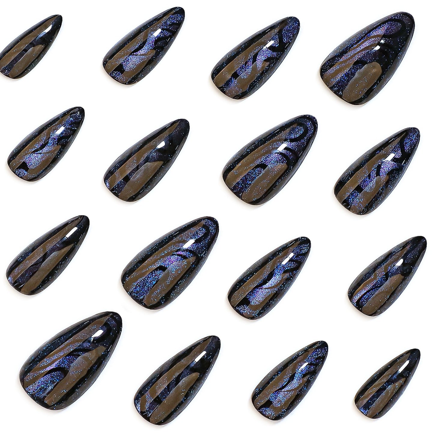RUOKEXIN Almond Press on Nails Medium Length Fake Nails Black Cat Eye False Nails with Designs Glitter Nail Press ons Sparkly Artificial Nails for Women 24Pcs
