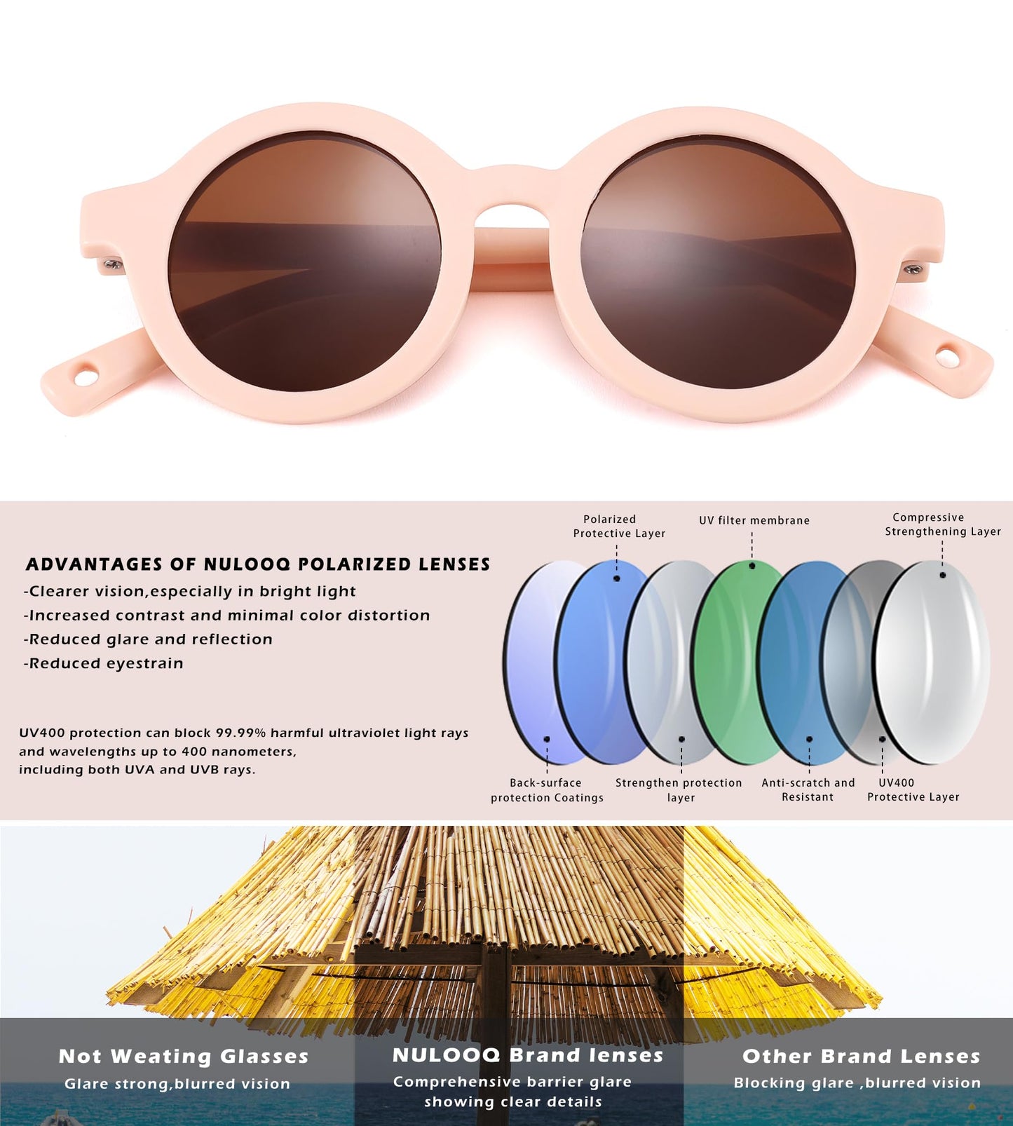 NULOOQ Bendable Polarized Baby Sunglasses with Strap Round Flexible for Infant Newborn & Toddler Age 0-24 Months (Pink/Brown + Beige/Brown + Green/Brown) - 3 Pack