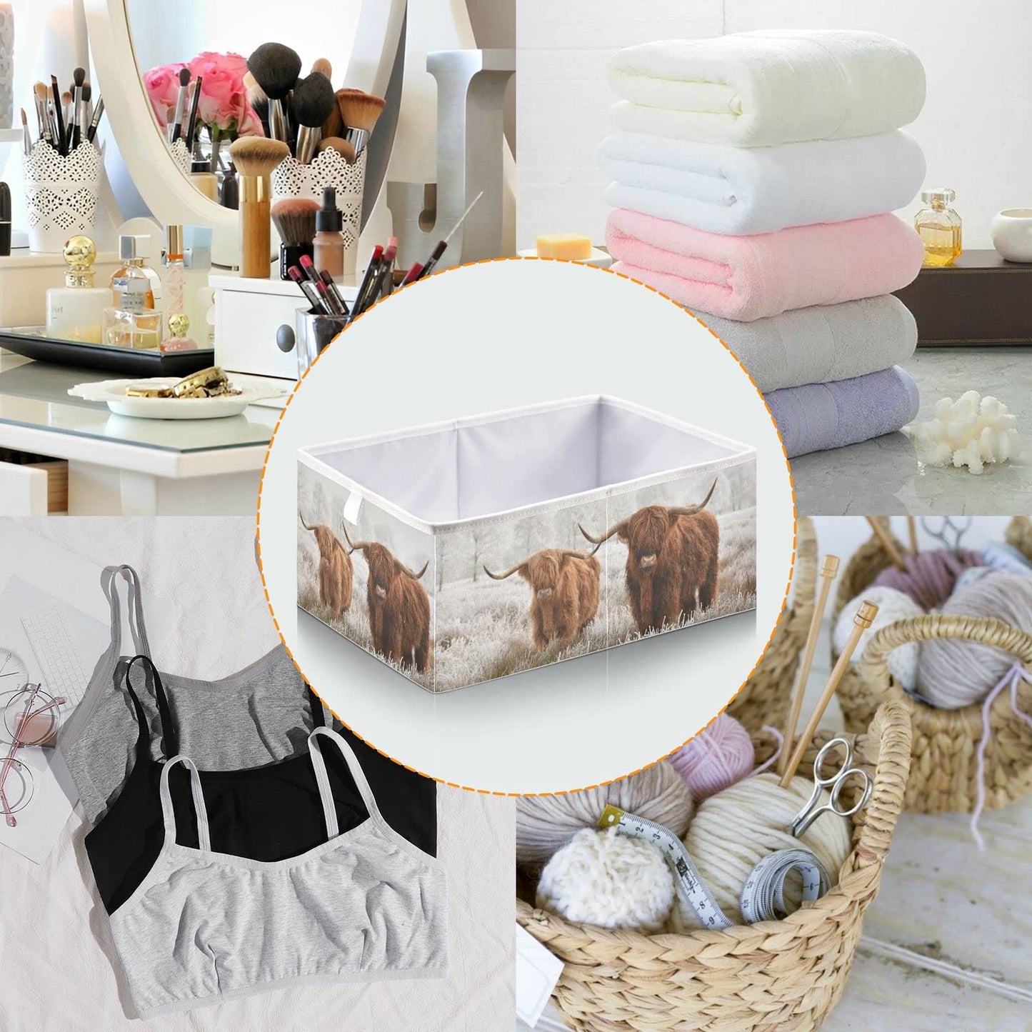 Ollabaky Highland Cow Storage Bin, Foldable Fabric Cube Basket Cloth Organizer Box With Handle for Closet Shelves, Nursery Toy Bin - S