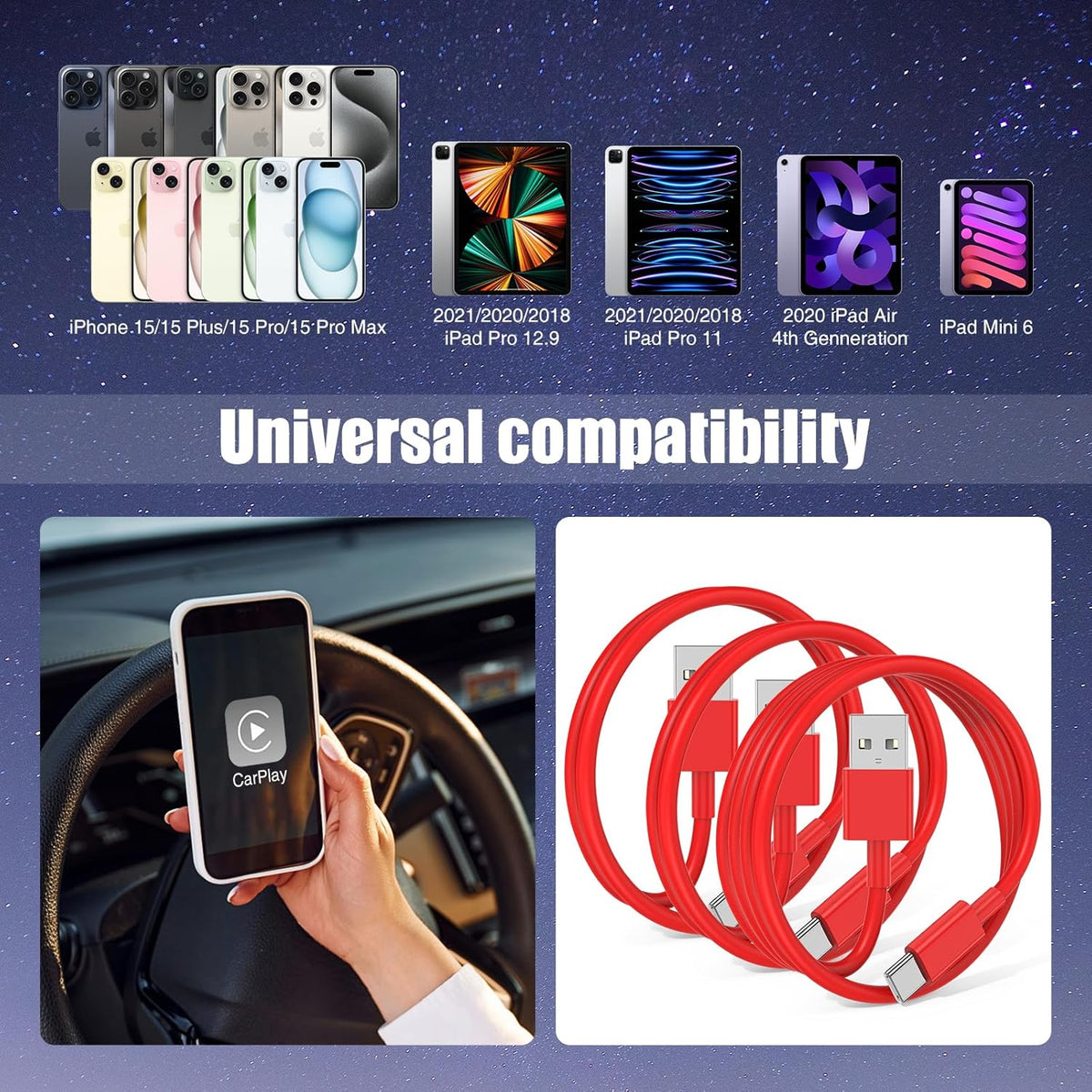 3-Pack Red [3.3FT+3.3FT+6FT] USB A to USB C Cable，USB to USB C Car Carplay Cable for iPhone 16 15 Pro Plus Pro Max，for iPad Pro/Air/Mini，for Samsung S24/S23/S22/S21，for MacBook Pro/Air and More