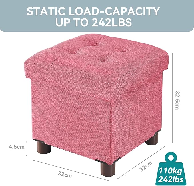 BRIAN & DANY Small Ottoman with Storage, Small Storage Ottoman, Folding Foot Stool with Wood Legs for Living Room and Bedroom Linen Rest Seat, 12.6"x12.6"x12.8" - Hot Pink