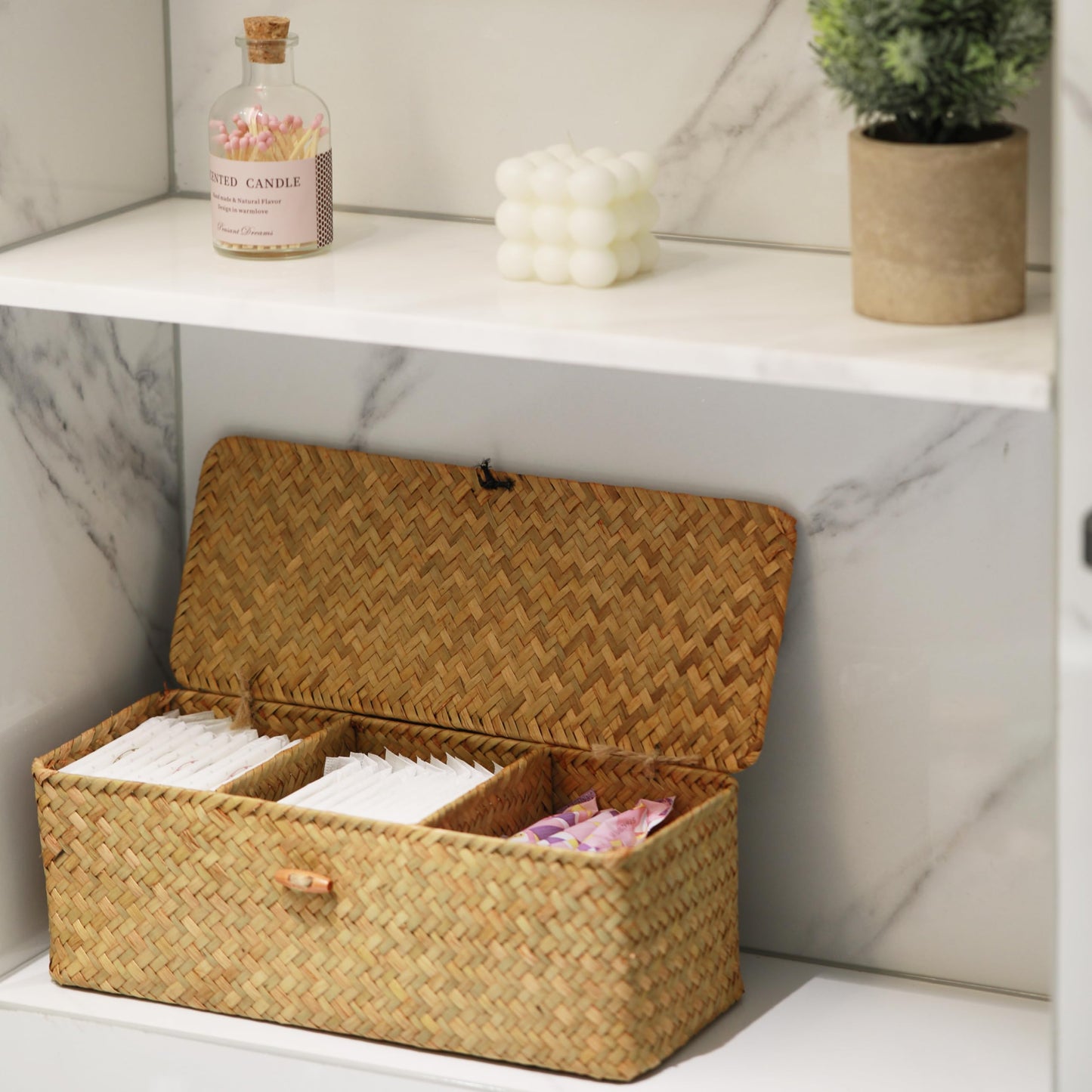 DECRAFTS Seagrass Storage Basket with Lid Rectangular Small Woven Shelf Baskets with Sections for Organize Snack Toys Tampon