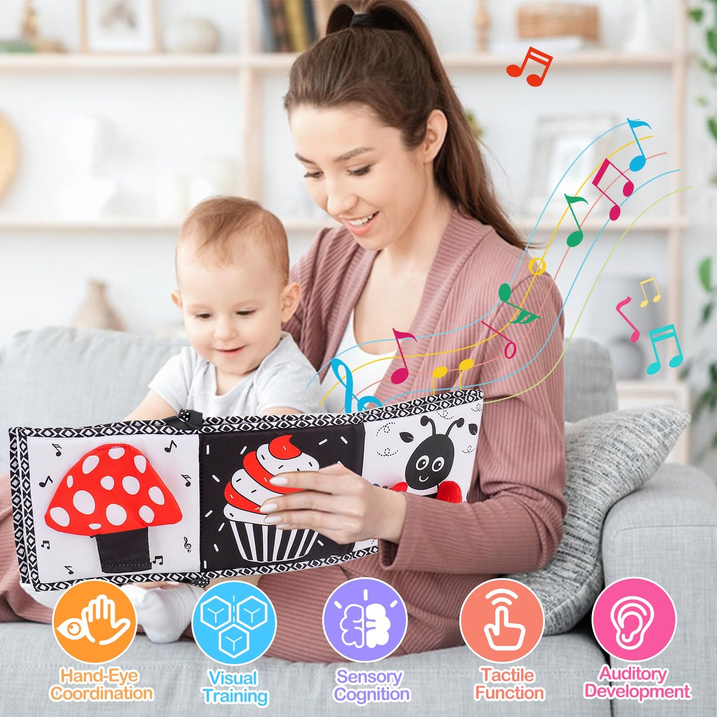 Black and White High Contrast Toys for Baby 0-3 3-6 months Infant Tummy Time Soft Book Sensory Musical Toy 0-2-4-6 month Babies Brain Development Crinkle Book Mirror Newborn Easter Basket Stuffer