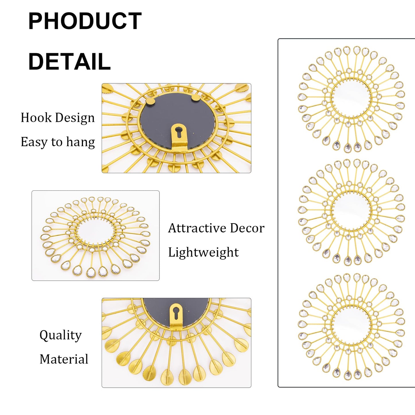 Manortang Gold Mirrors - Sunburst Valentine Wall Art, Decorative Round Mirrors for Valentine Bedroom, Living Room, Bathroom, Kitchen, Entryway, Hallway - Set of 3