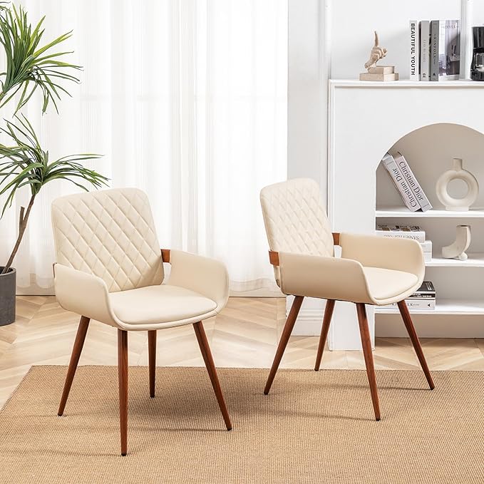 LUNLING Mid Century Modern Faux Leather Dining Room Chairs Set of 4 Upholstered Seat Metal Legs Chairs Cream White Faux Leather Kitchen Chair Reception Room Chair 4PCS