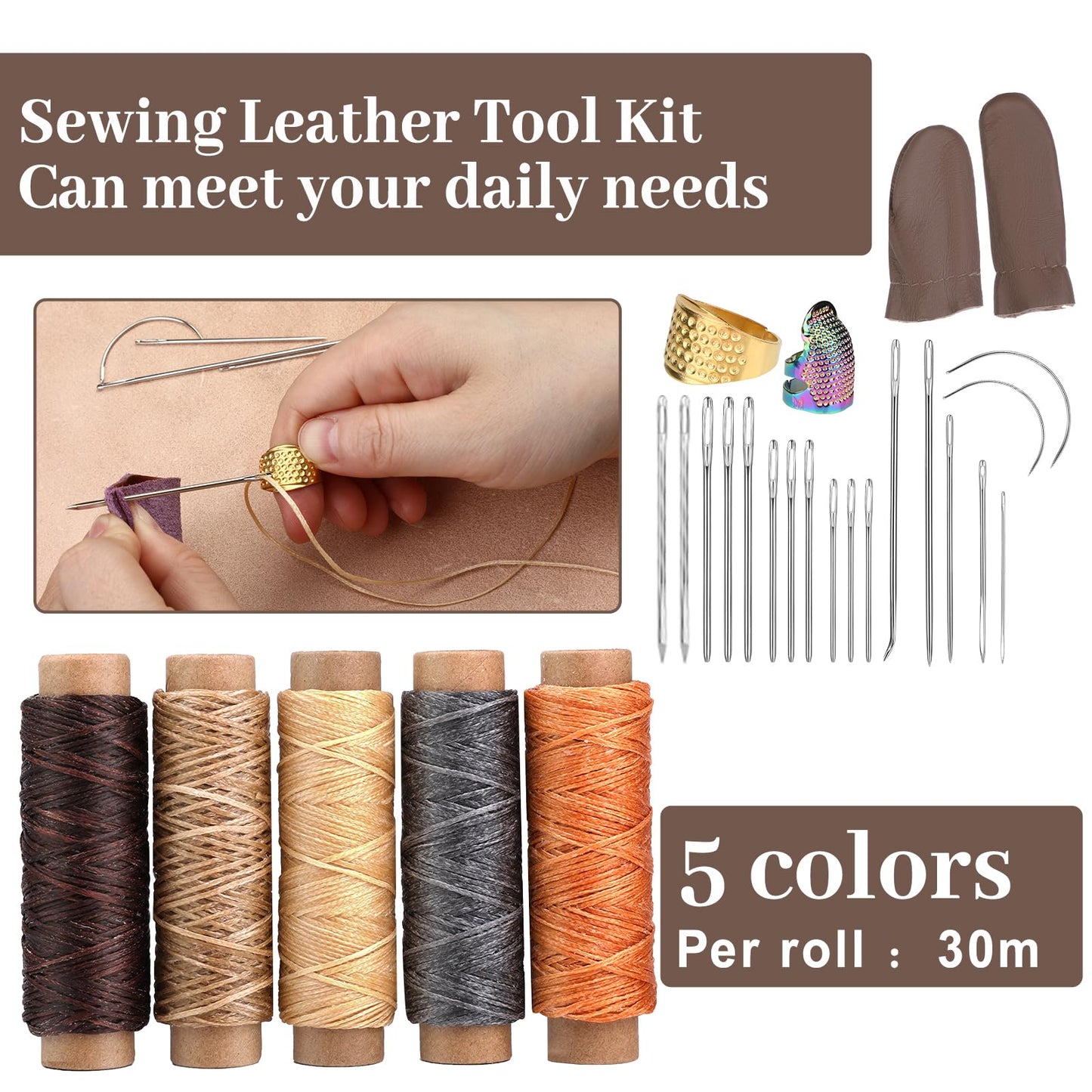 SOCNITC Leather Craft Tools, Leather Working Kit with Snaps and Rivets Kit Stamping Tools Stitching Groover Waxed Thread Punch Hole for Leathercraft Adults, Beginners