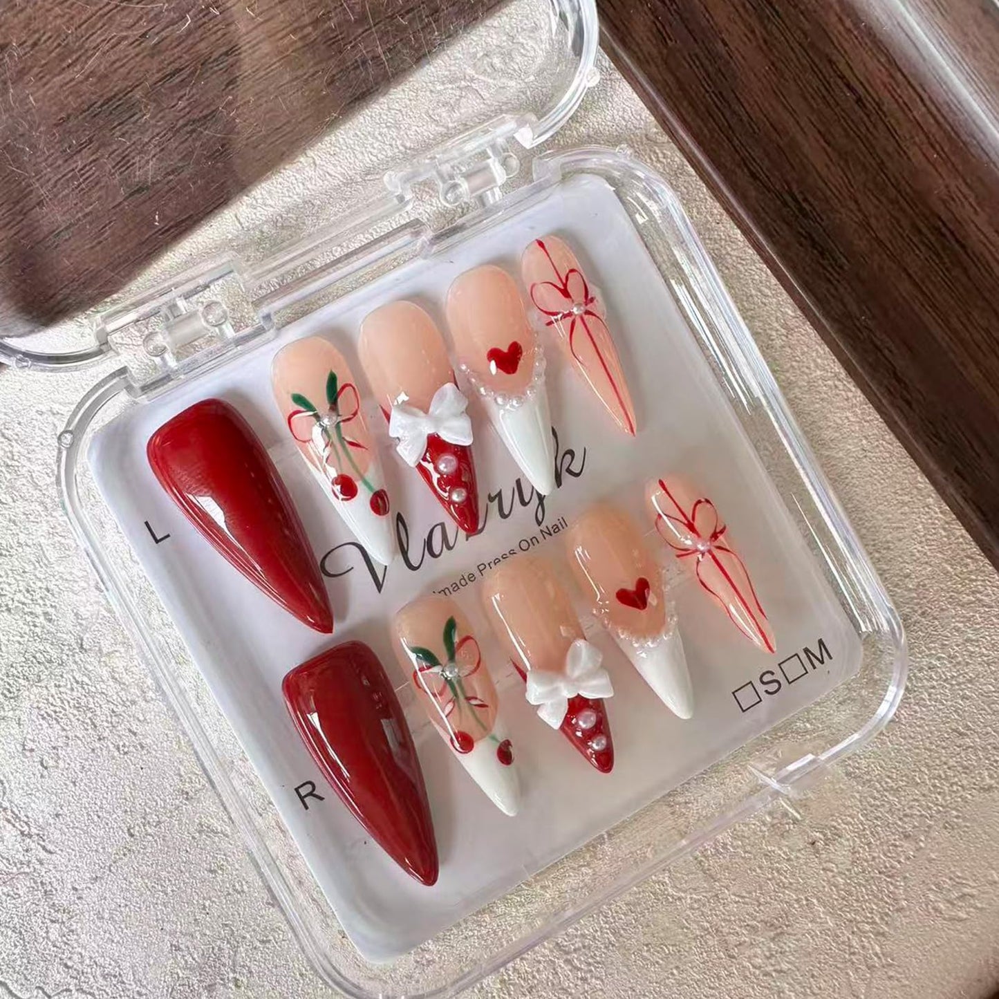 Luxury Handmade Press On Nails for Women,Reusable French Tip Long Almond False Nails, with 3D Red Bow & Cherry Pearls, Salon Quality Multilayer Gel Acrylic Fake Nails (10pcs) S SIZE