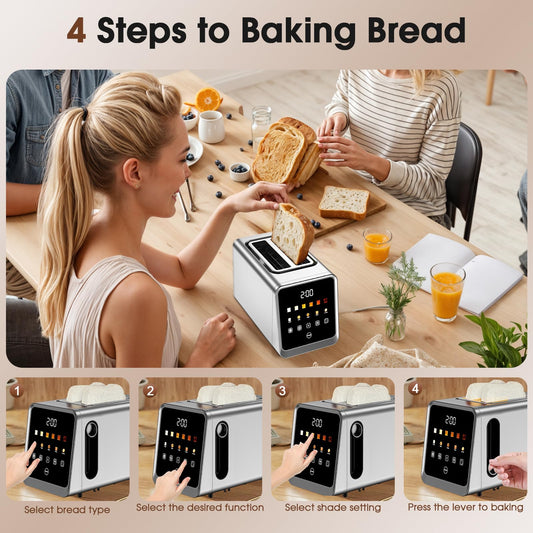Touch Screen Toaster 2 Slice, Stainless Steel Smart Digital Toasters with Single Slot Toasting, Memory Function, 5 Bread Types & 6 Shade Settings,1.5" Wide Slot, 900W
