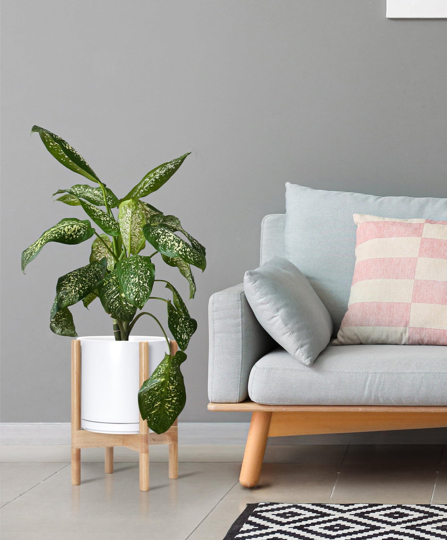 D'vine Dev Ceramic Planter with Natural Stand - 10 Inch Modern Round Flower Pot with Wood Planter Holder, White, 55-B-K-1