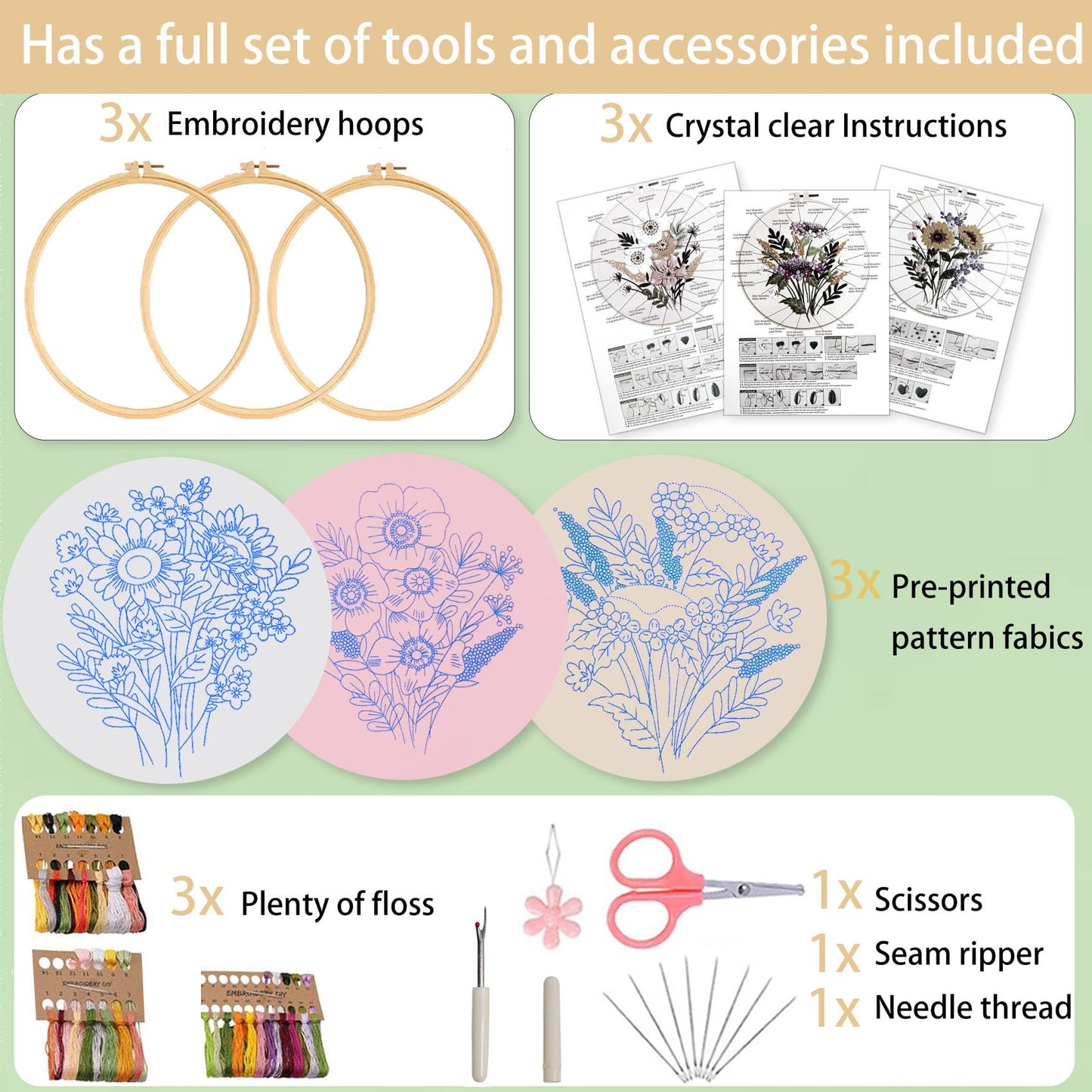 Ohcol 3 Sets Embroidery Kit for Beginners Cross Stitch Kits Needlepoint Kits Crafts for Adults with 3 Embroidery Hoops Easy-to-Follow Operating Instructions,Needle Point Kits with Flowers Patterns
