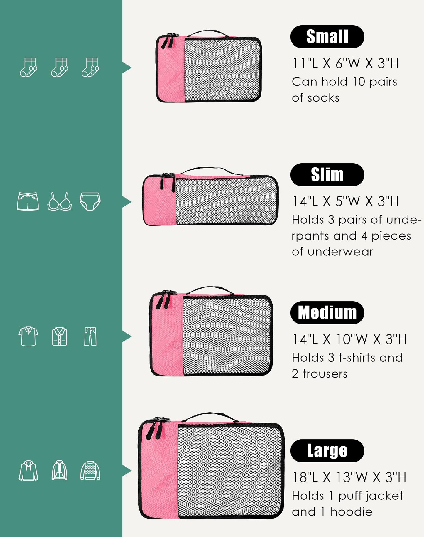 WTREE 4-Piece Packing Cubes Travel Accessories Set for Suitcases - Luggage Organizer Bags with Double Zipper - Mesh Top - Small/Medium/Large/Slim - Pink