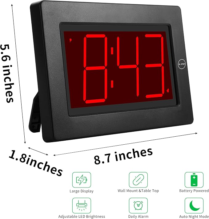 Alarm Clock,3" LED,3-level Brightness,Battery Operated,Wall-mount/Table-top