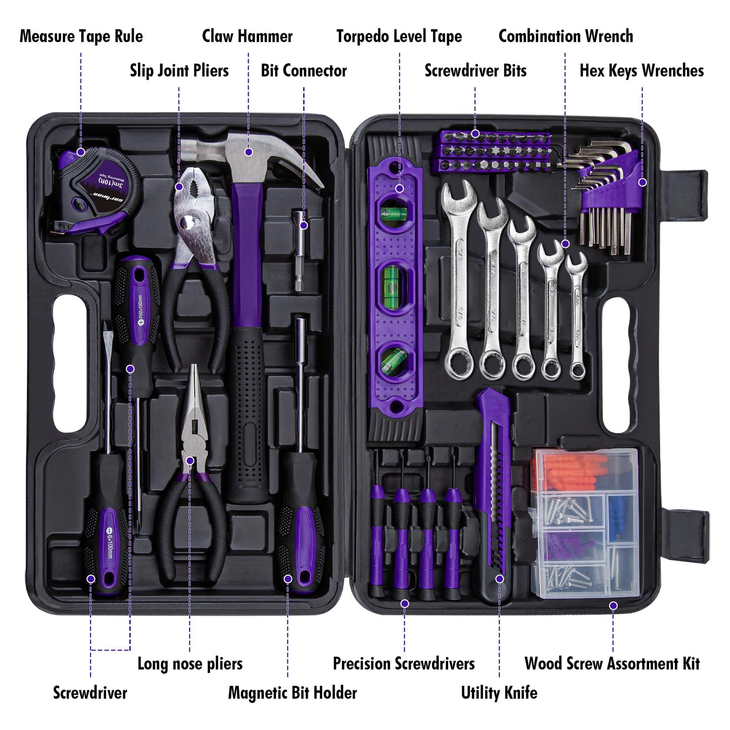 CARTMAN 152-Piece Basic Household Hand Tool Set,with Toolbox Storage Case, All Purpose Home Tool Kit Includes Essential Tools for Office College Repairs Purple