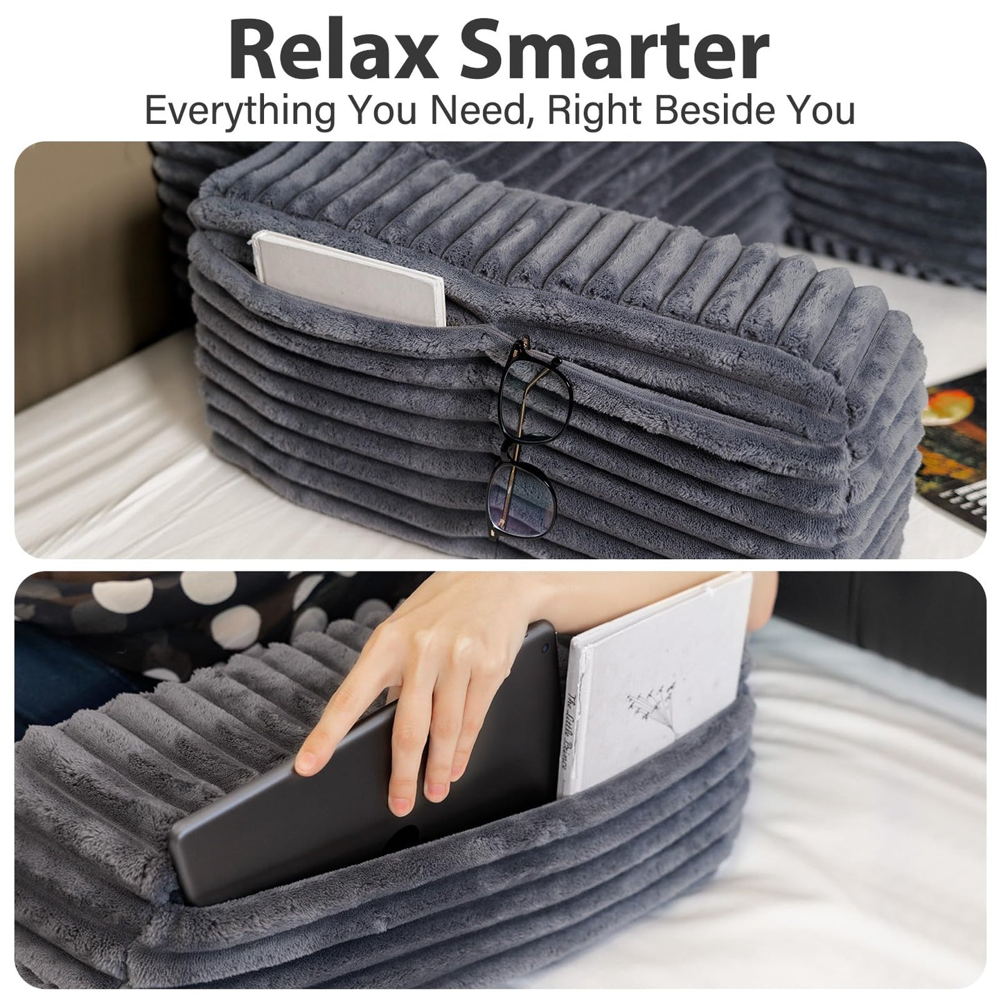 ENITYA 22" XL Back Pillow for Bed Sitting Up, Reading Pillow with Armrests & Big Pockets, Soft Back Support Chair, Ideal for Watching TV, Gaming, Nursing, Resting, Post Surgery, Dark Grey