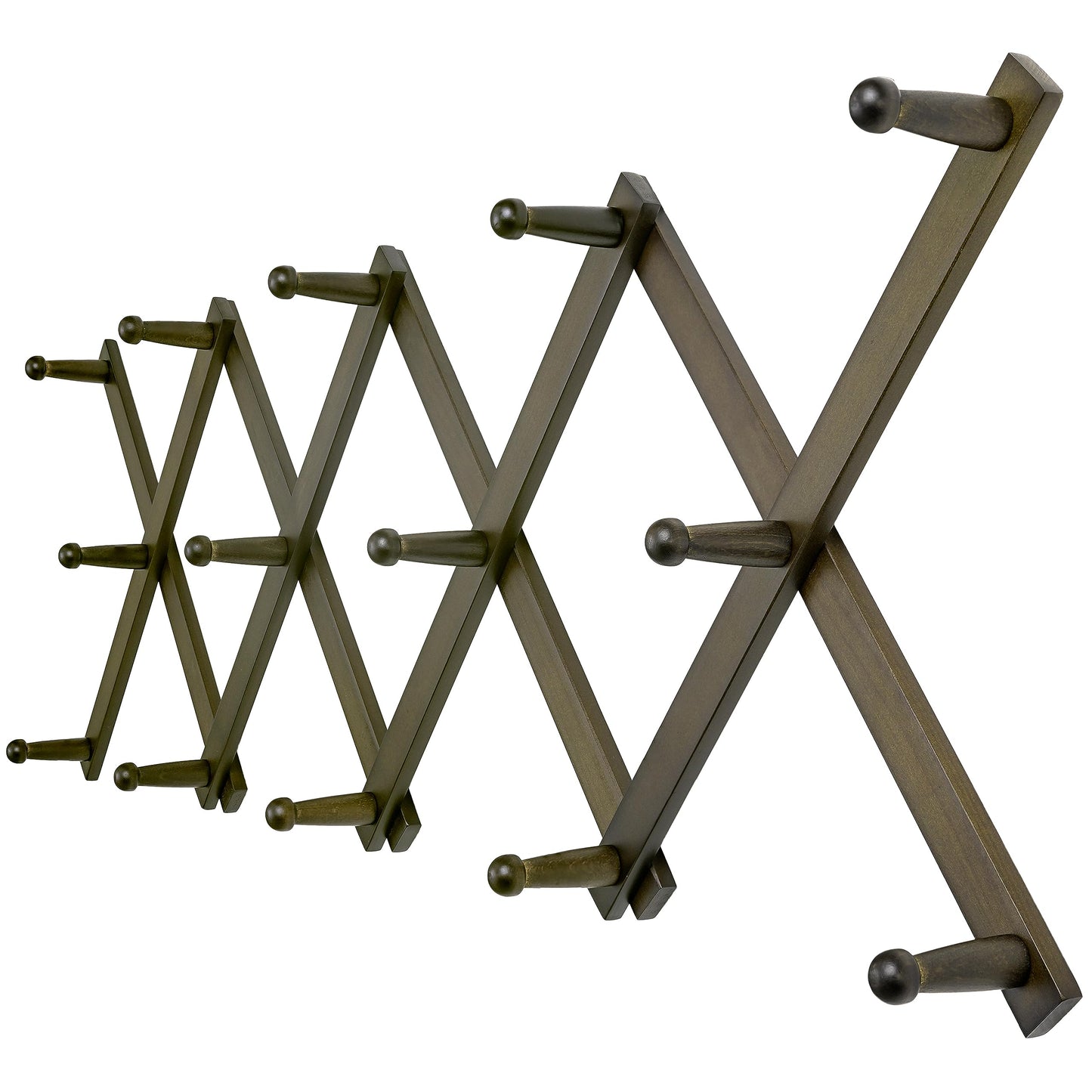 Dseap Accordion Wall Hanger:16'' High Wooden Expandable Coat Rack, Hat Rack for Wall,Accordion Hook for Baseball Caps,Coats,14 Peg Hooks,Dark Walnut