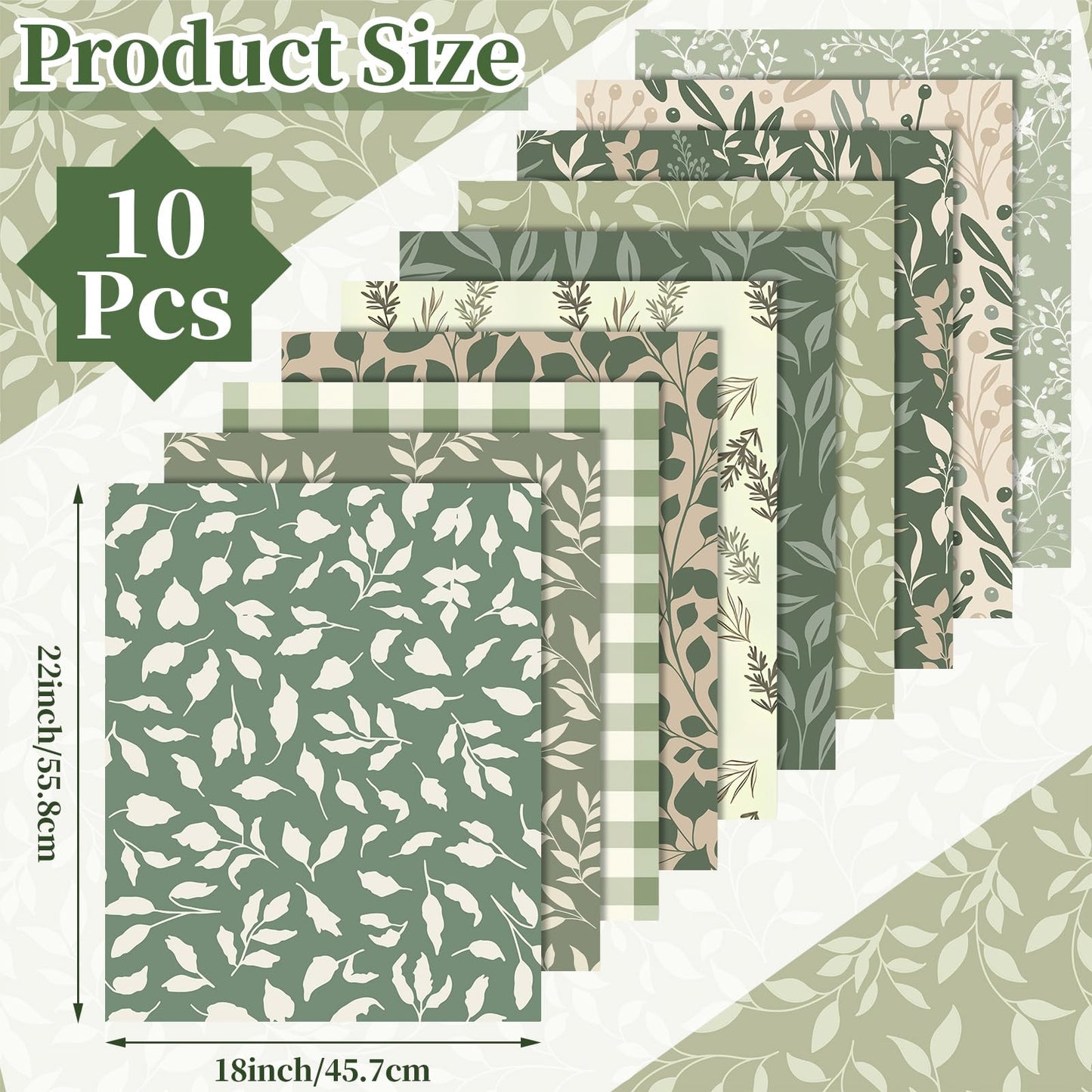 Hahafelt 10 Pcs 18 x 22 Inch Sage Green Fat Quarters Greenery Precut Fabric Bundles Botanical Green Leaves Plaid Flower Quliting Squares Patchwork for Spring Summer DIY Craft Sewing Quilt Material