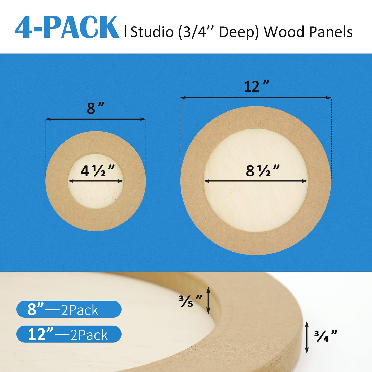 Falling in Art Unfinished Round Birch Wood Canvas Panels Kit, 4 Pack of 2 Sizes 8' and 12' Studio 3/4’’ Deep Cradle Boards for Pouring Art, Crafts, Painting, and More