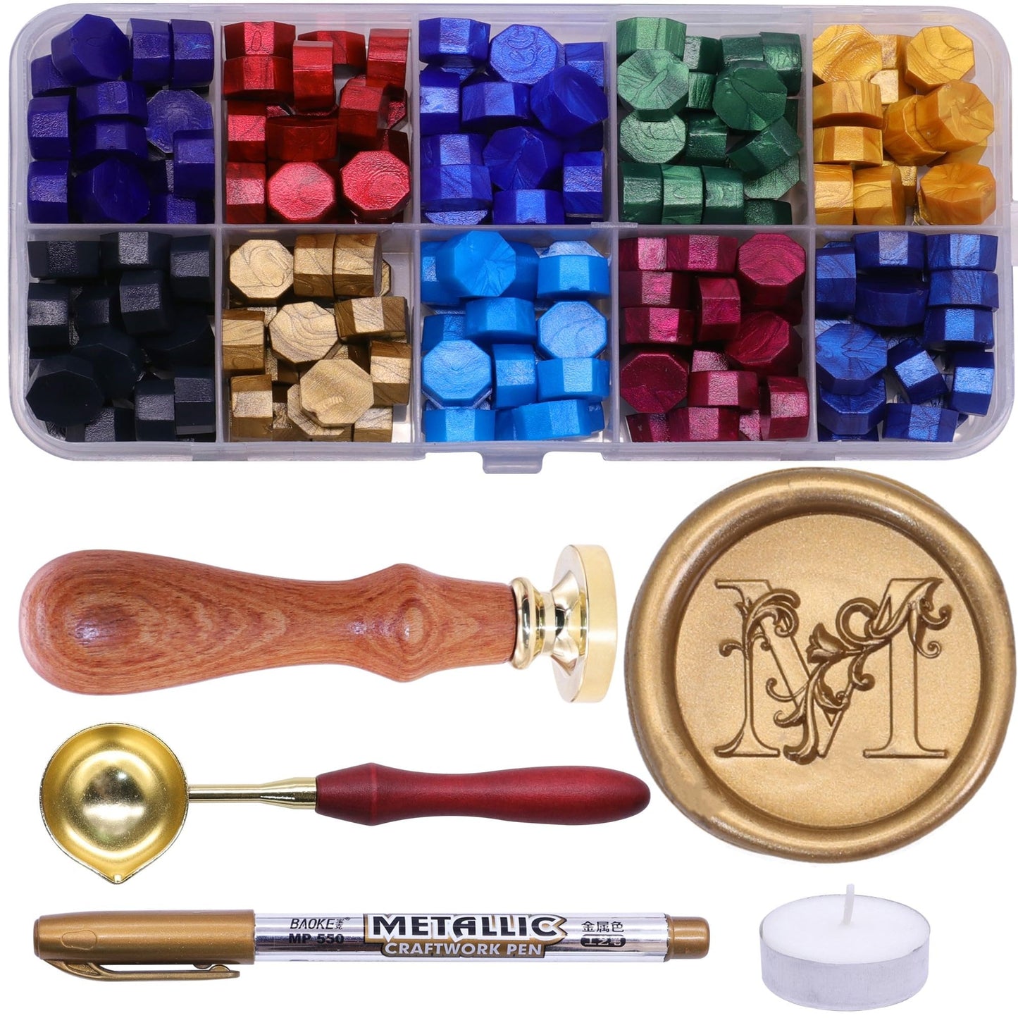 Letter Wax Seal Stamp Kit, SWANGSA 3D Floral Initial Alphabet M Sealing Stamp and 200pcs Sealing Wax Beads Kit for Wedding Invitations Cards Envelopes