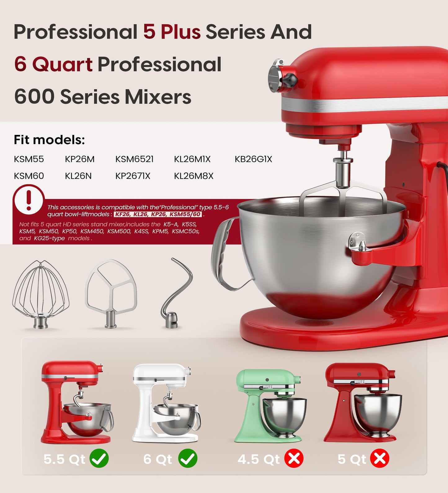 Stainless Steel Accessories 3 Piece Kit for KitchenAid 5.5 and 6 Quart Lift-Up Stand Mixers, Includes 5.5-6QT Flat Beater, Dough Hook, KN256WW 6-Wire Whisk for Kitchen Aid Attachments & 6 Qt Bowl
