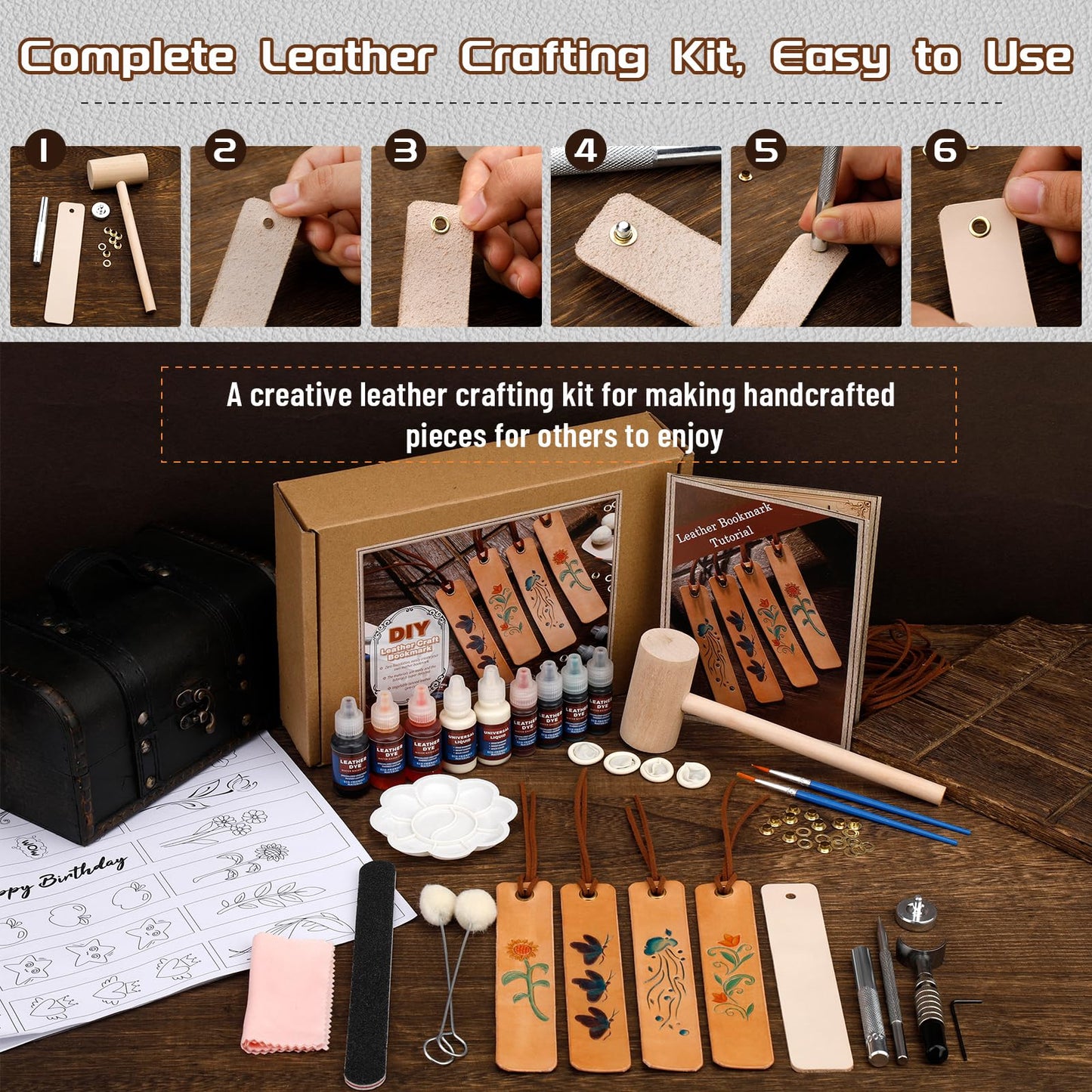 Leather Crafting Kit, Leather Working Kit for Bookmark, Leatherbookmarks Making Kits with Dyeing Carving Working Tools Supplies for Book Mark, Bookmarks for Book Lovers, Adults DIY Crafts Making