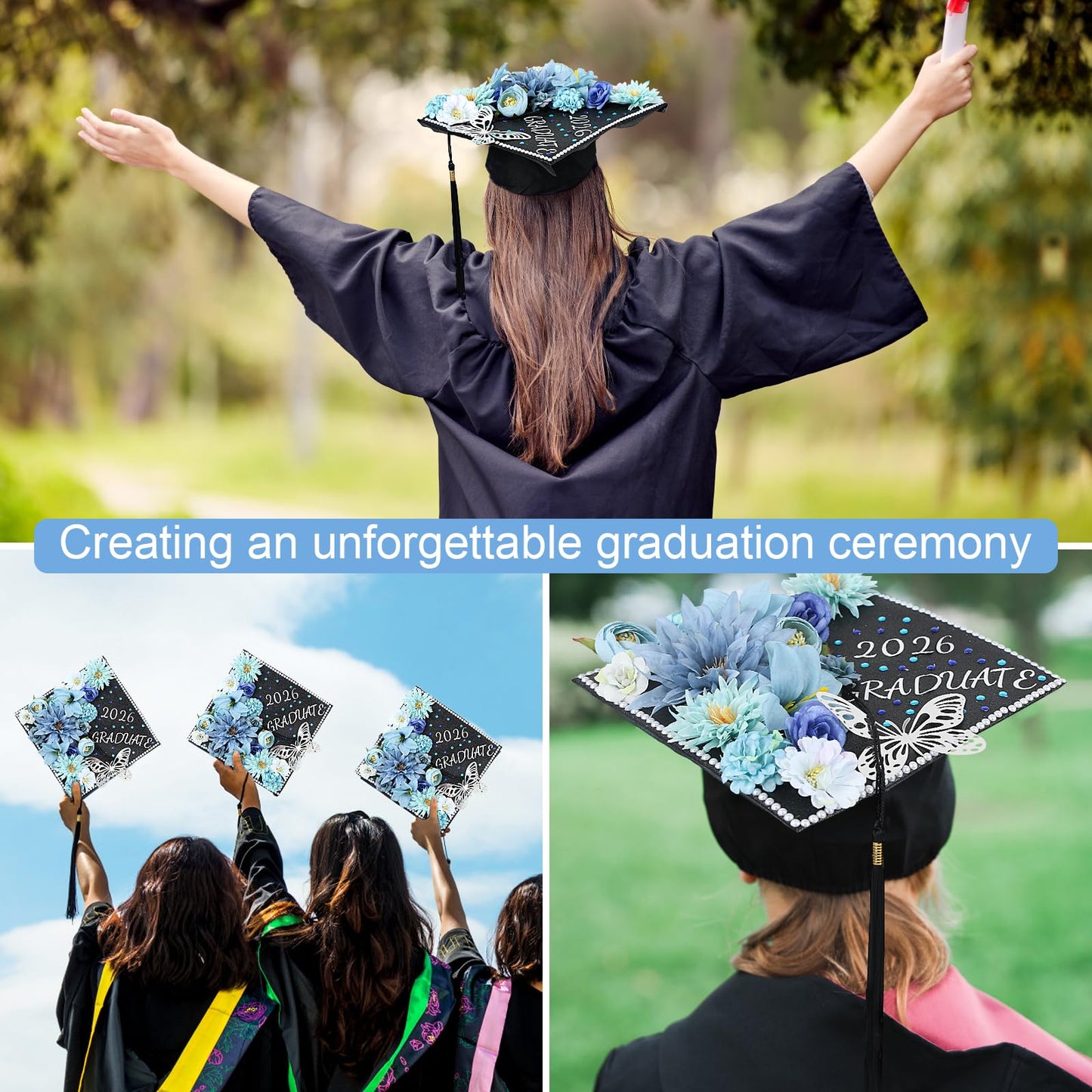 TKNOUS DIY Graduation Cap Decorations Accessory Kit, 3D Butterfly Faux Flower Heads for Grad Hats Decor Rhinestones Stickers Alphabet Letter Stickers Glitter Paper for Cake Wreath Art DIY (Blue)