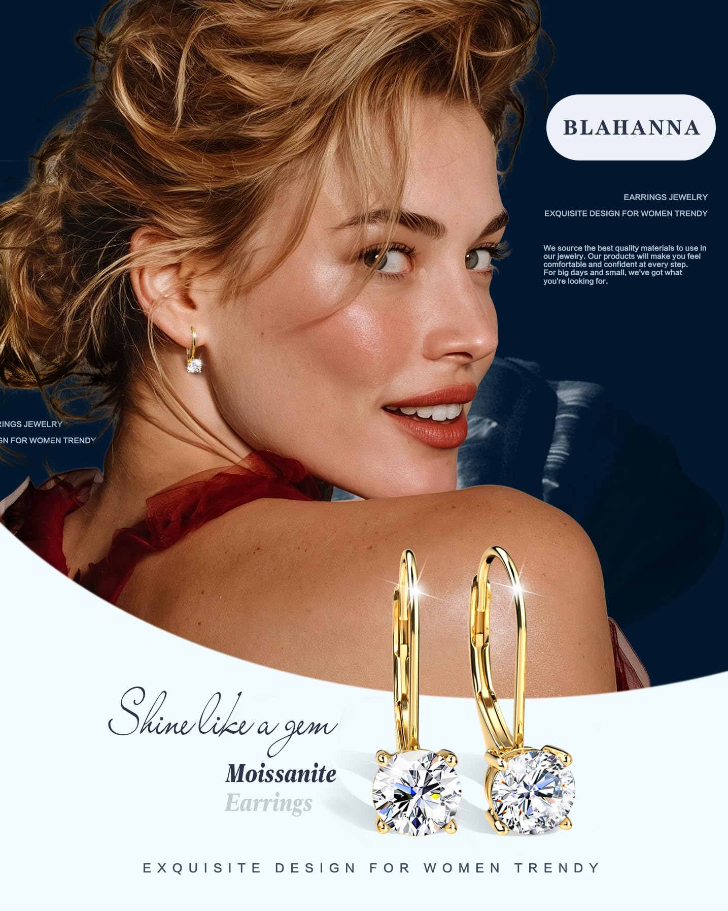 Blahanna Moissanite Earrings,1.0ct-2.0ct D Color Brilliant Round Cut Earrings S925 Sterling Silver Dangle Earrings Moissanite Leverback Drop Earring gold 5mm
