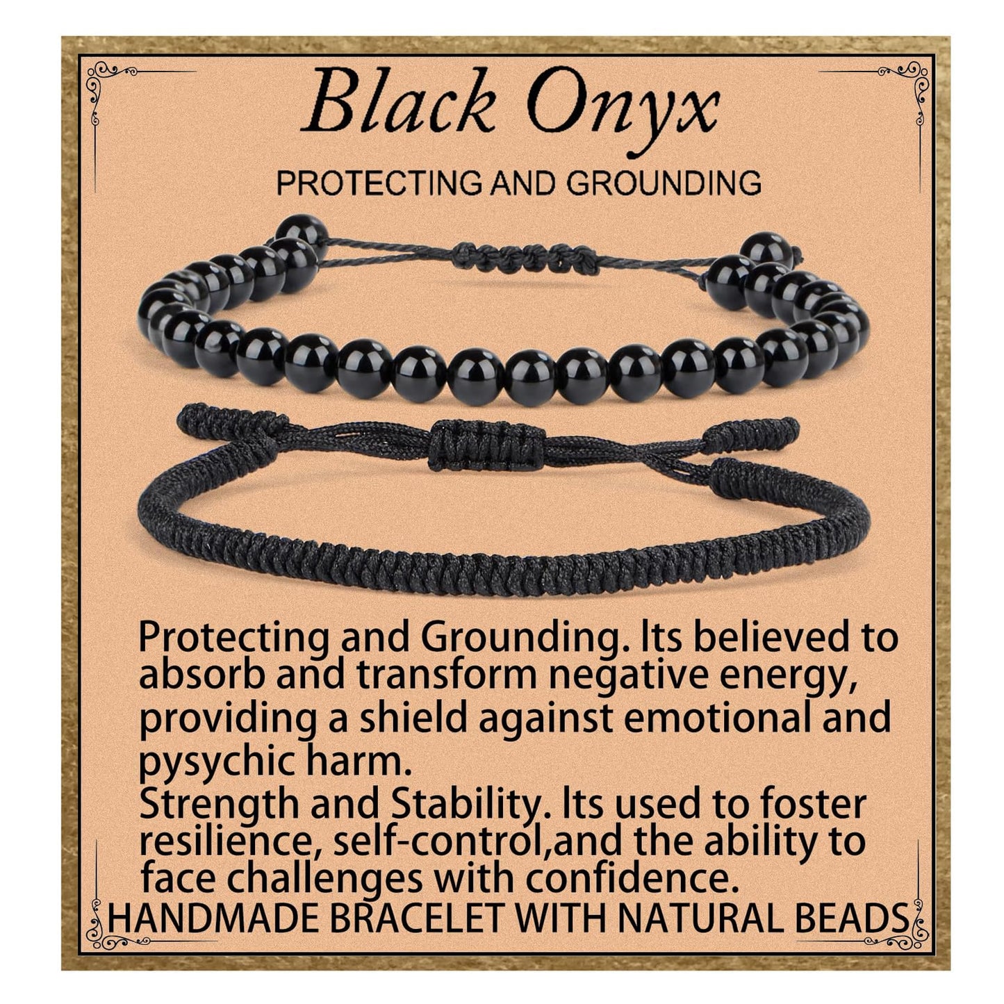 LPBeads 6mm Black Onyx Bracelet with Handmade Rope Bracelet Size Adjustable Natural Stone Crystal Healing Bracelets Gifts for Unisex Adults