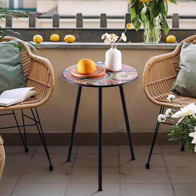 Party Zealot Metal Mosaic Round Side Table Set of Two 13.4" Small Outdoor Patio Round Accent Coffee Tables Indoor Corner Stand for Small Space Weather-Resistant for Balcony Plant Stand