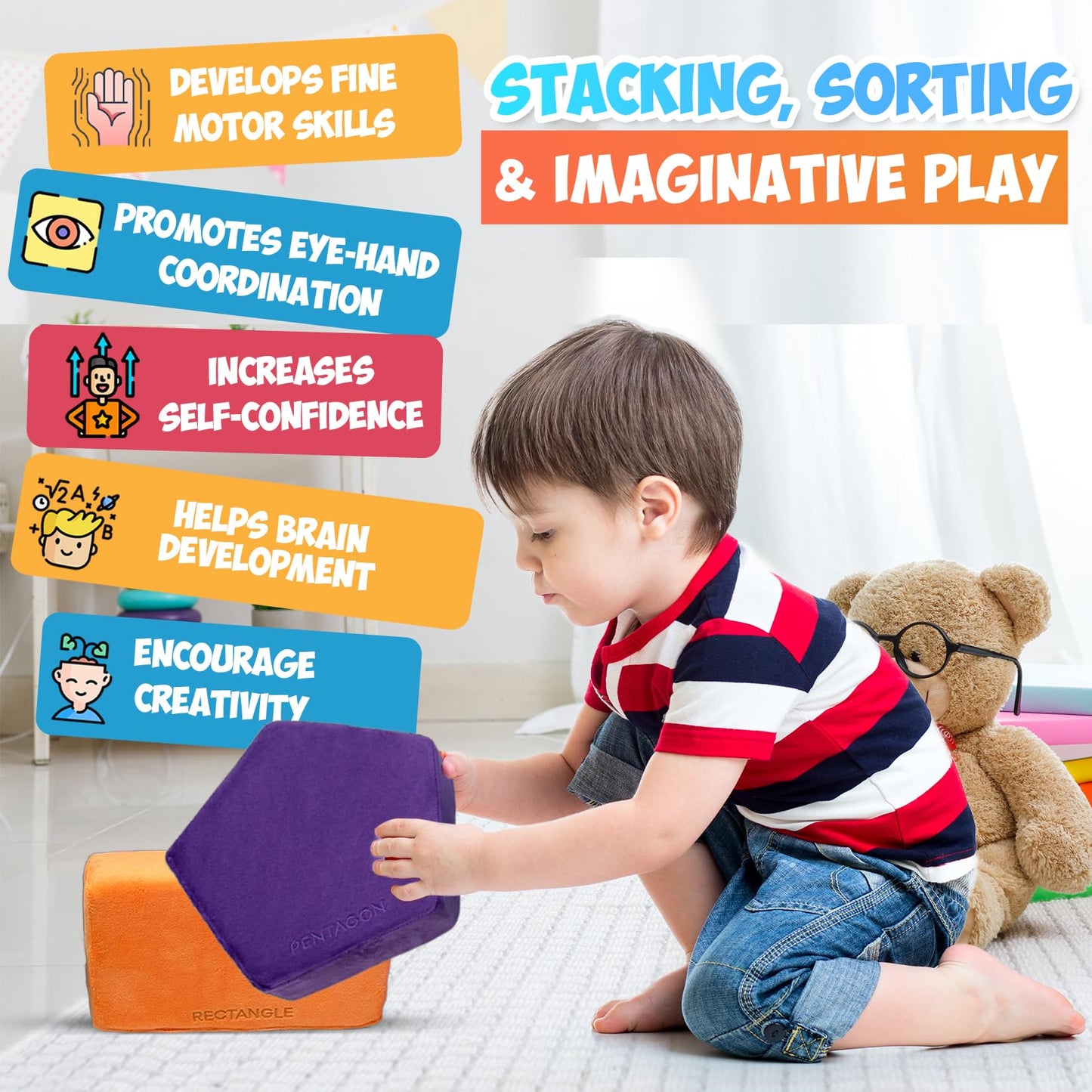 Plush Blocks - The Original Premium Plush Building Block & Shapes for Kids - Certified Safe Foam Blocks in Luxuriously Soft Fabric Covers (Classic Colors, Shapes)