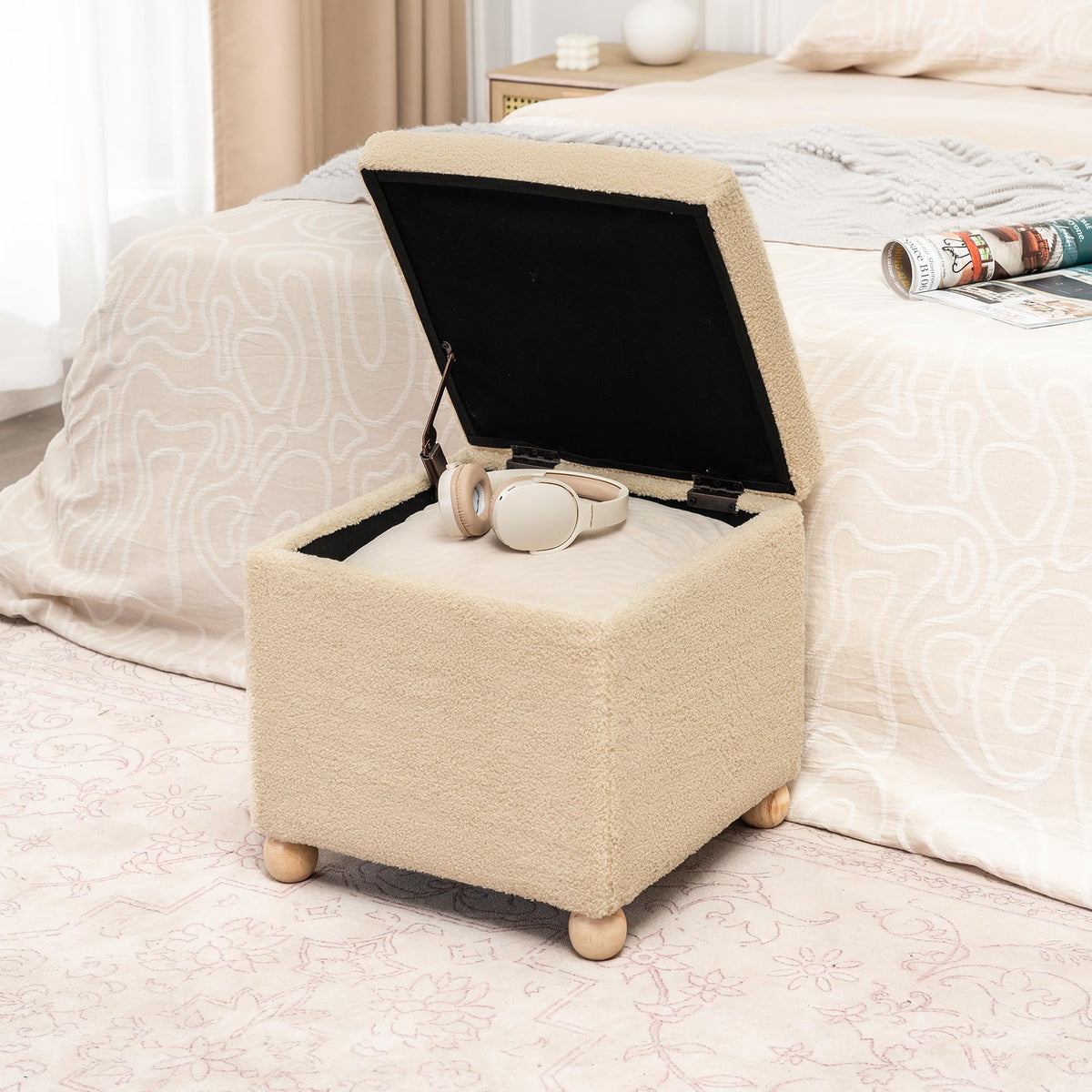 17.3" Modern Oatmeal Teddy Velvet Storage Ottoman