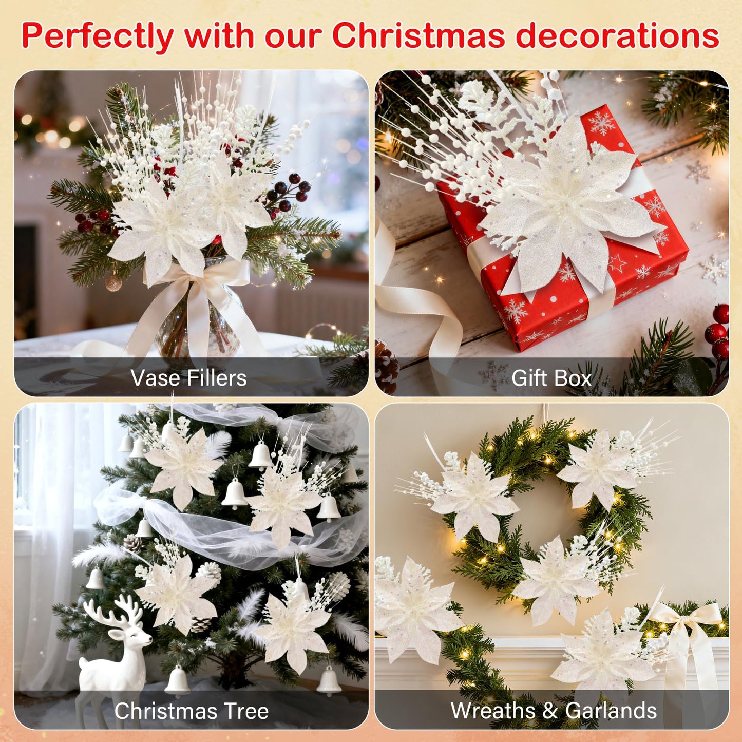 18 Pack Christmas Tree Ornaments Set, 17.5 Inch White Fake Christmas Picks Decorations with 2 Styles, Artificial Glitter Berry Stem Ornaments for Christmas Tree Wedding Small Vase Wreath Decor