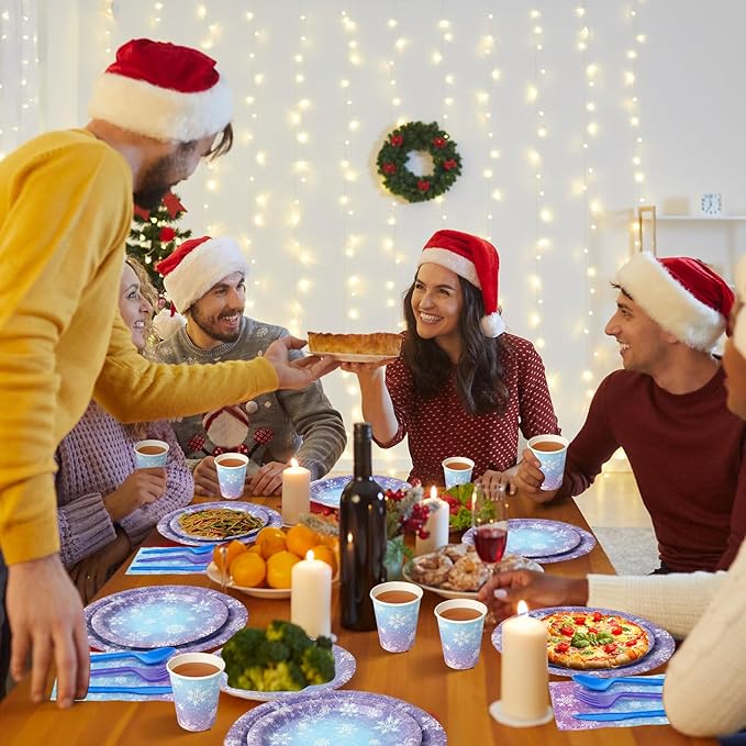 Winter Snowflake Paper Plates and Napkins Set, Blue and Purple Snowflake Winter Wonderland Disposable Tableware for Christmas Winter Holiday New Year Birthday Party Supplies Decorations, Serve 50