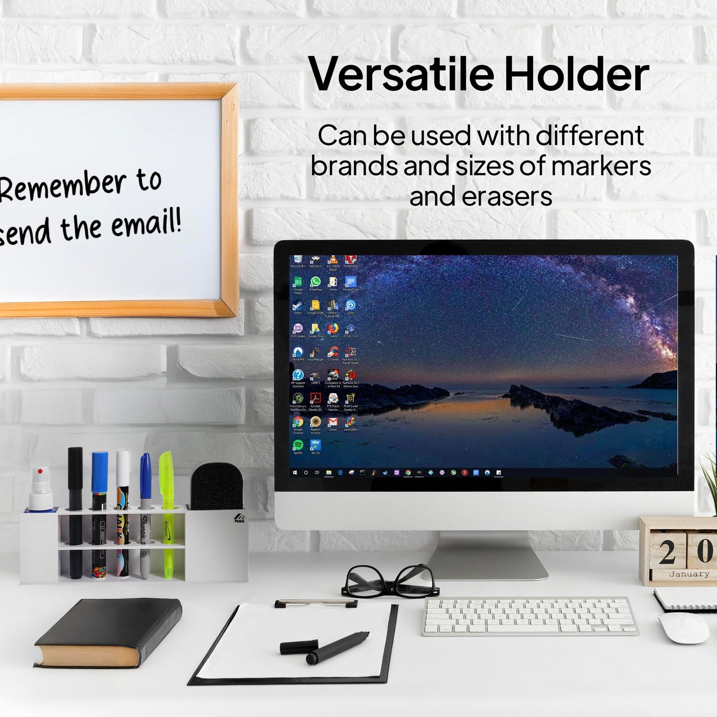 Slim Magnetic Dry Erase Marker Holder for Whiteboard, Space Saving Pen Organizer with Glass and Wall Mount Accessories for Fridge, Office, and School. Markers, Eraser, Cleaner Not Included (White)