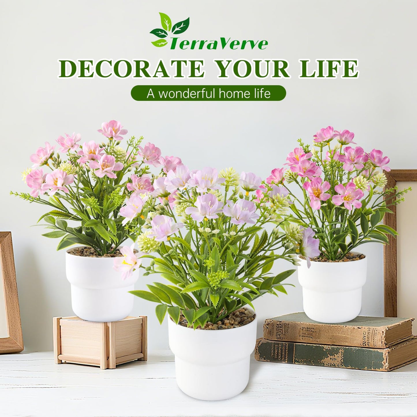 TerraVerve 3-Piece Artificial Table Plant ， Lifelike Indoor Plants for Home, Office, Bedroom, Bathroom Decor ，Rustic Farmhouse Style mini Potted plantsry