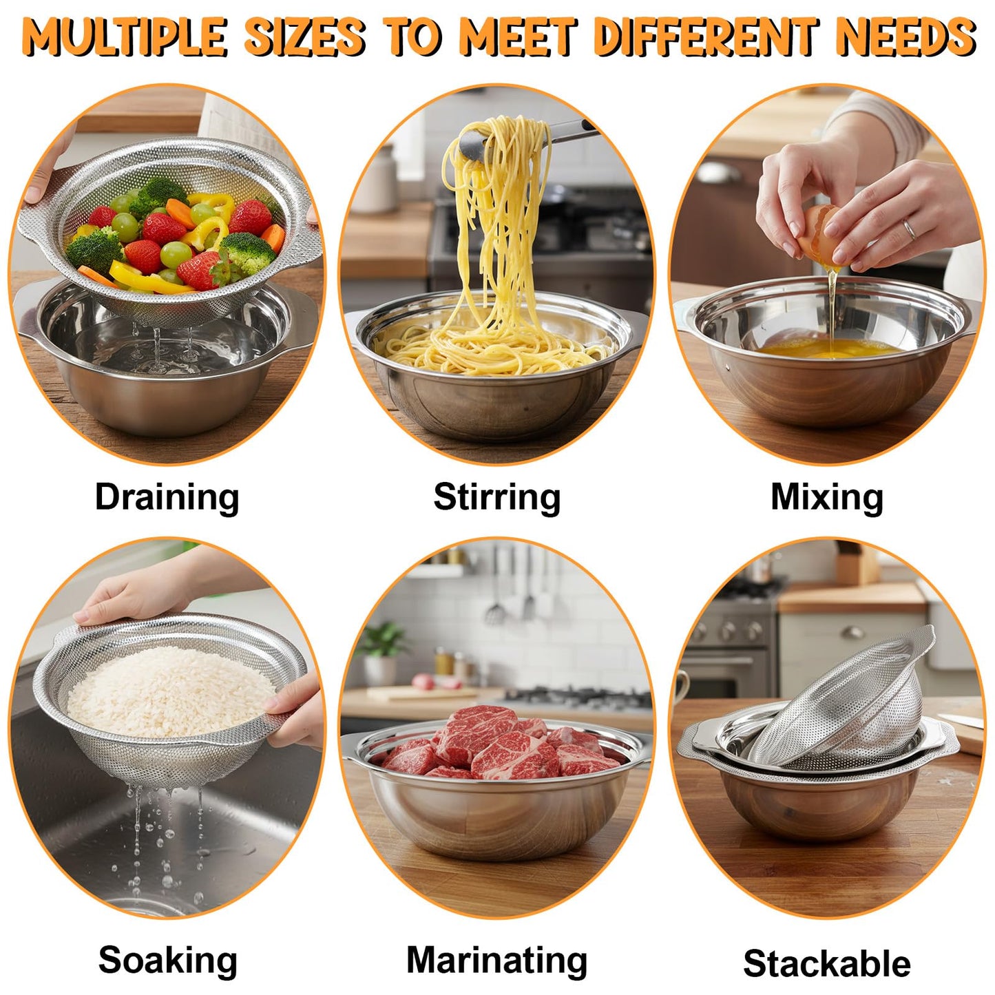 7Pcs Stainless Steel Colander Set, Rice Strainer with Mixing Bowl, 3/4/5QT Large Capacity Microporous Colander with Handle, Mesh Strainer for Washing and Draining Vegetables, Fruit, Dishwasher Safe
