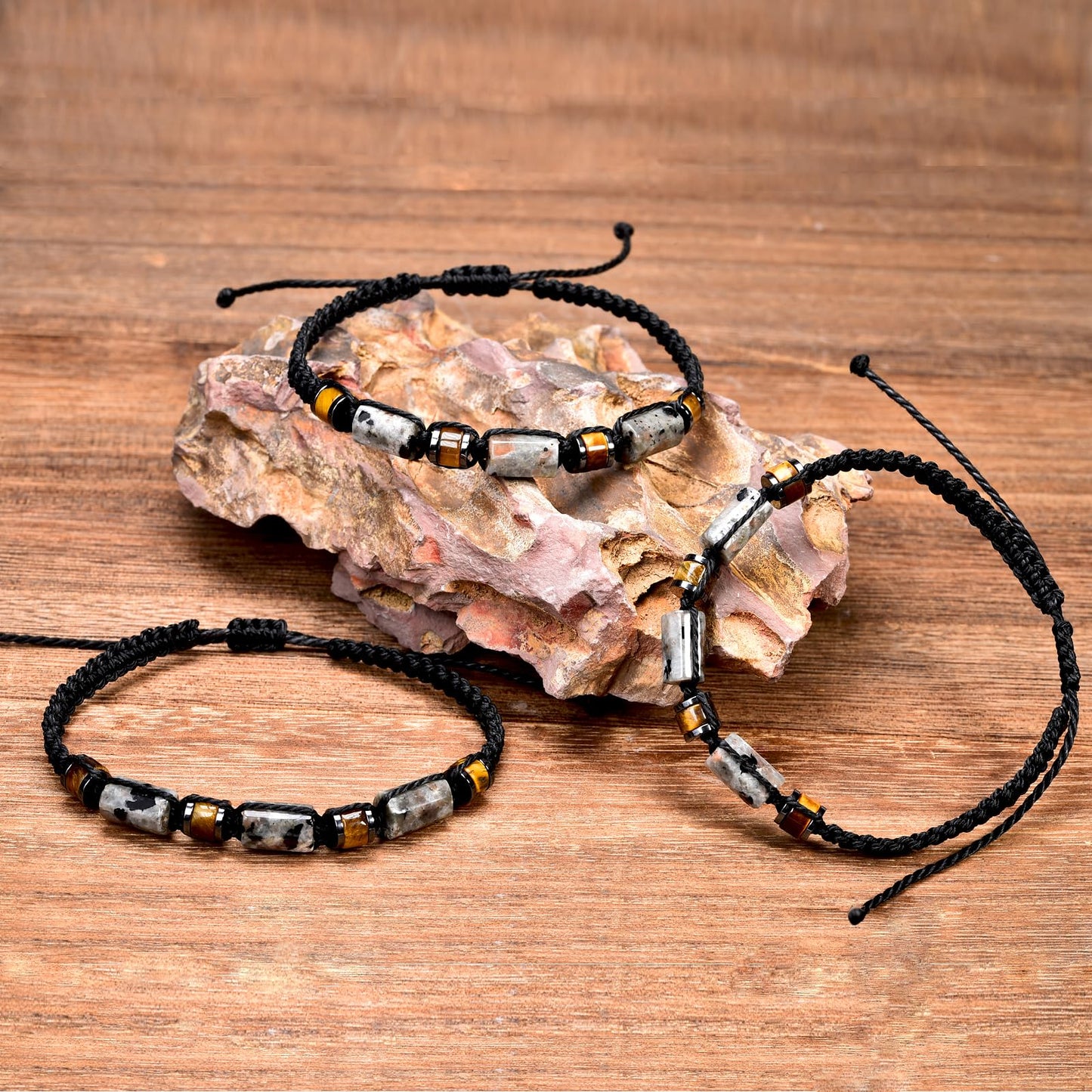 Senxilk Natural Yooperlite and Tiger Eye Stone Beaded Wrap Bracelet for Men, Black