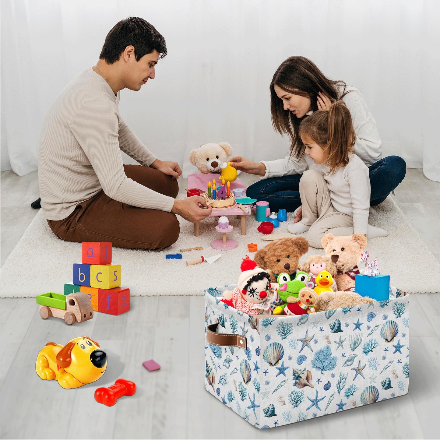 JOPJOLIW Sea Shells Starfish Rectangle Storage Basket - Ocean Themed Collection Collapsible Storage Baskets with Handles - Ocean Conch Pattern Storages Bin for Kids Clothes, Gifts, Books, Toys