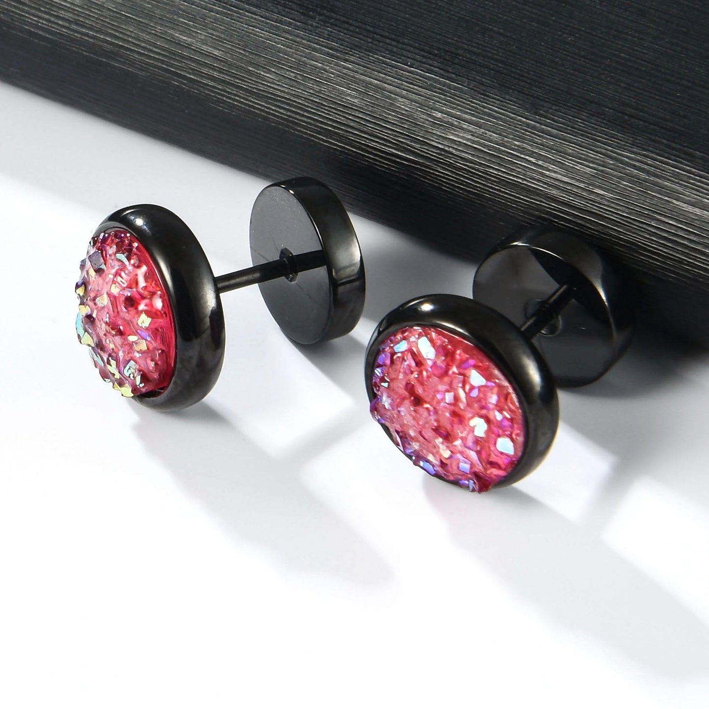 Titanium Screw Flat Back Earrings Glitter Cheater Studs Big Barbell Dot Disc Hypoallergenic, Titanium, pink druzy