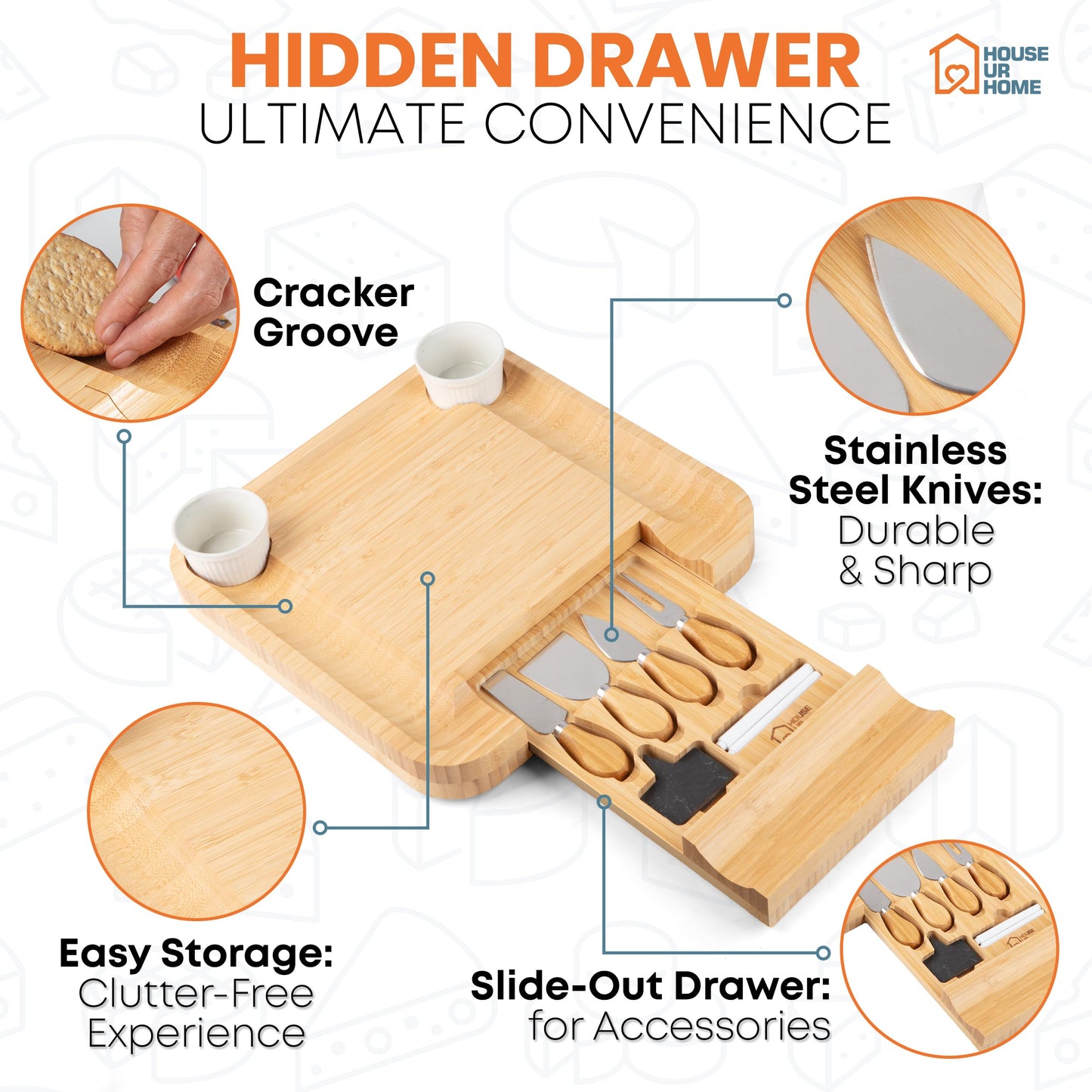 Large Bamboo Charcuterie Board Set with Hidden Drawer Storage | Cheese Board with Knives & Bowls | Perfect Housewarming, Bridal Shower