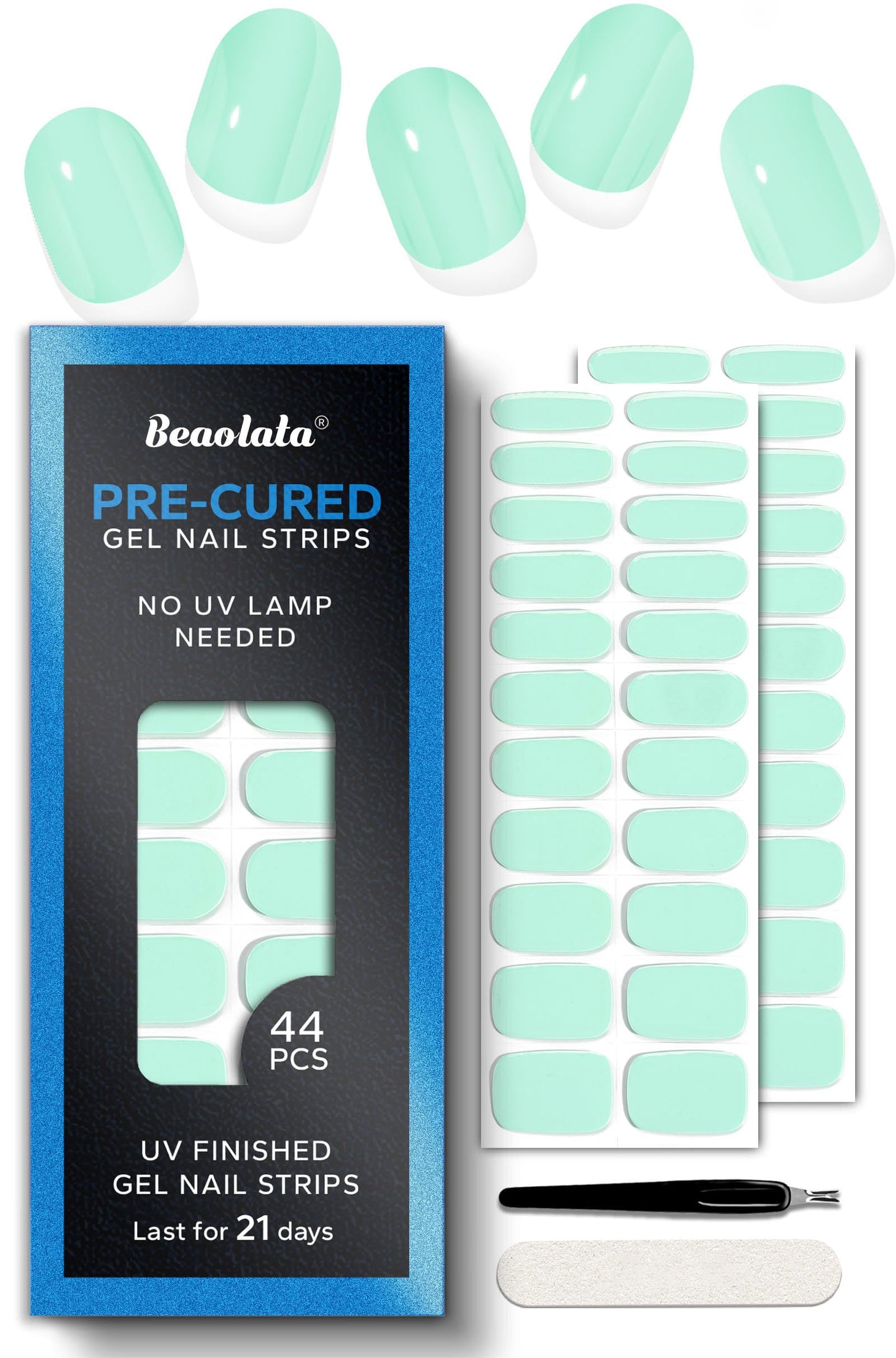 Beaolata Real Gel Nail Strips (No UV Light Needed) - 44Pcs Salon Quality Nail Stickers - Long Lasting Polish Wraps for Women, Easy Apply & Remove (Lime Green