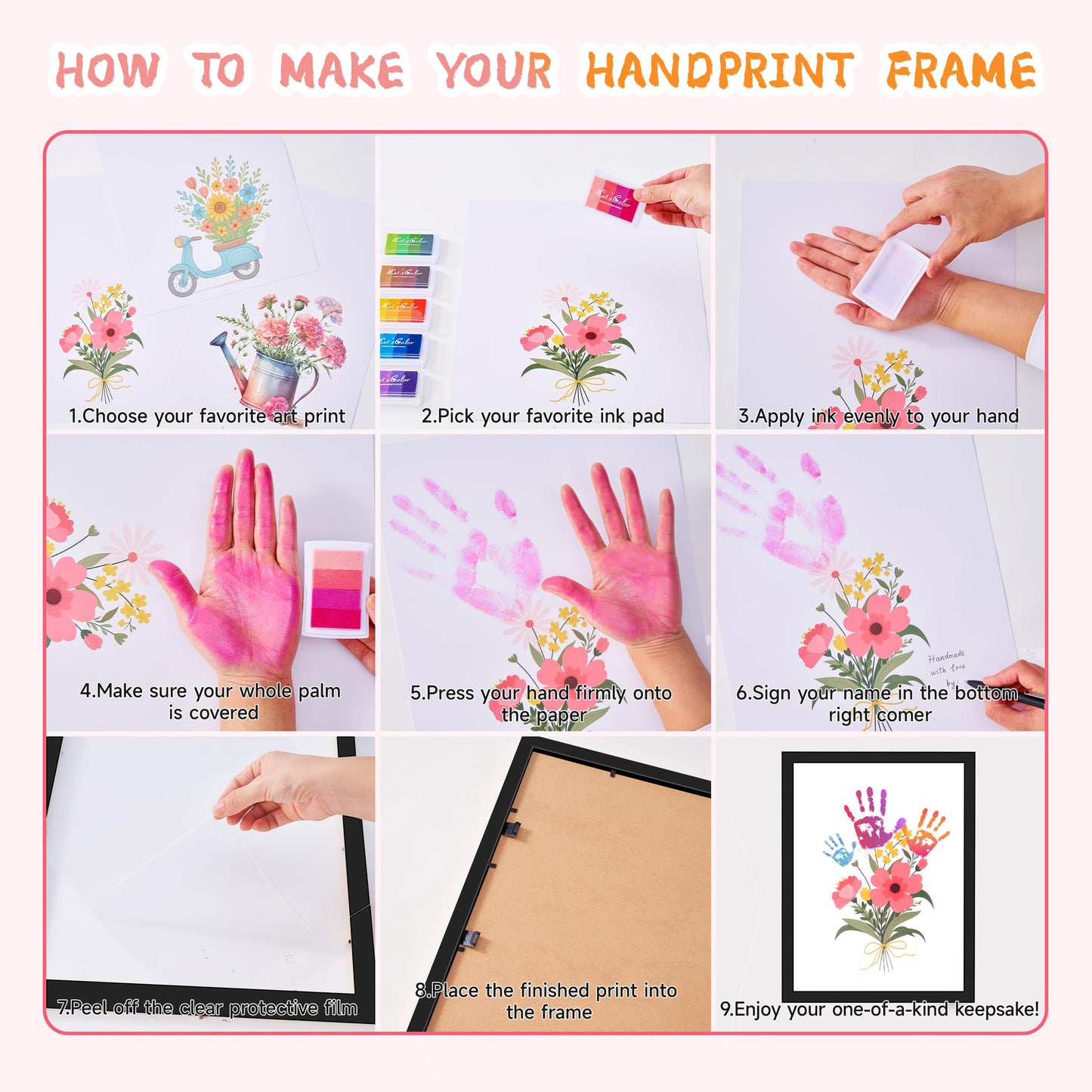 CHERRY CHEERS Flower Bouquet Handprint Art Kit, 3 Special Unique Sheets with Floral Design, DIY Keepsake Craft Gift, Meaningful Christmas or Thanksgiving Gift, 6 Colors Non-Toxic Inkpads (Black)
