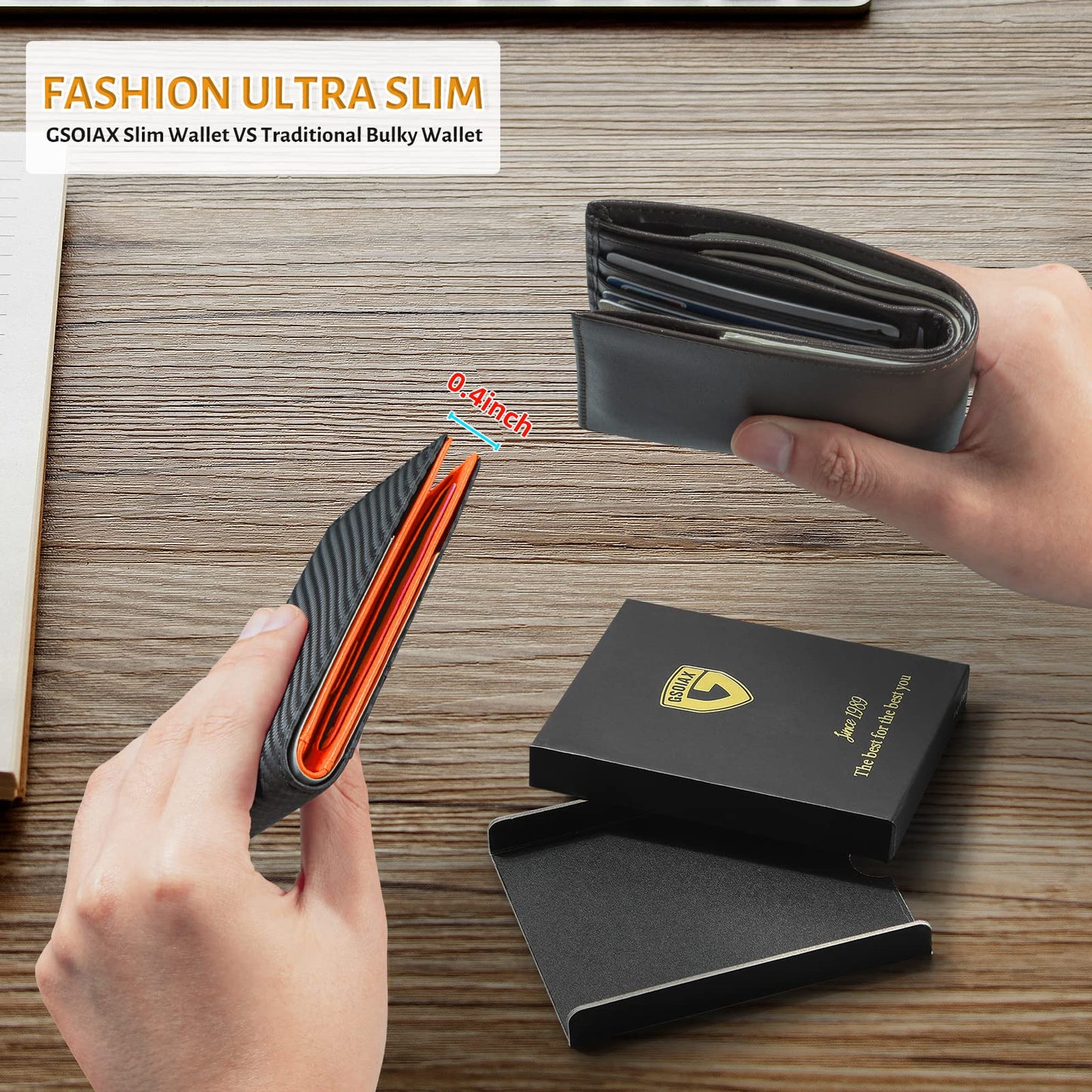 GSOIAX Slim Leather RFID Bifold Wallet for Men Minimalist Front Pocket Wallet with Money Clip,12 Card Slots,ID Window,Cool Groove Design,Includes Gift Box (Carbon Orange)