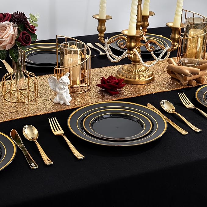 100Pcs Black Plastic Dessert Plates, Disposable Salad Plate with Gold Rim, Premium Hard Fancy Small Plates, Heavy Duty Plastic Cakes Plates for Party, Wedding and Birthday