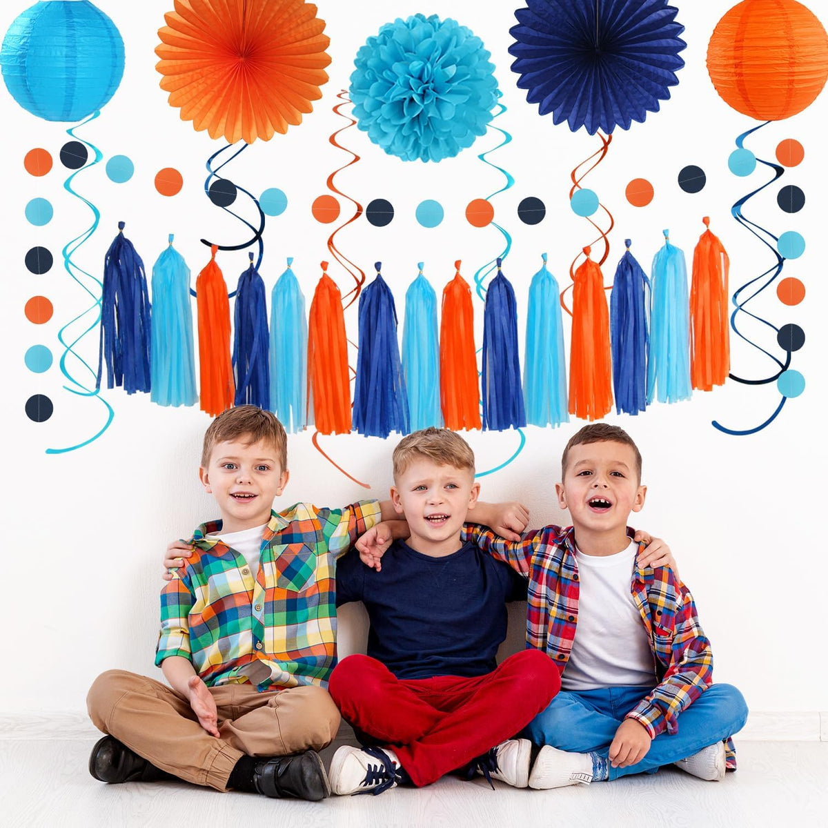 Royal-Navy Blue Orange Happy-Birthday Party-Decorations - 31pcs Men Boys Paper Lanterns Streamers Banner,Tissue Flowers Pom Poms Fans Tassels Garland Decor Backdrop Supplies Hugmoon