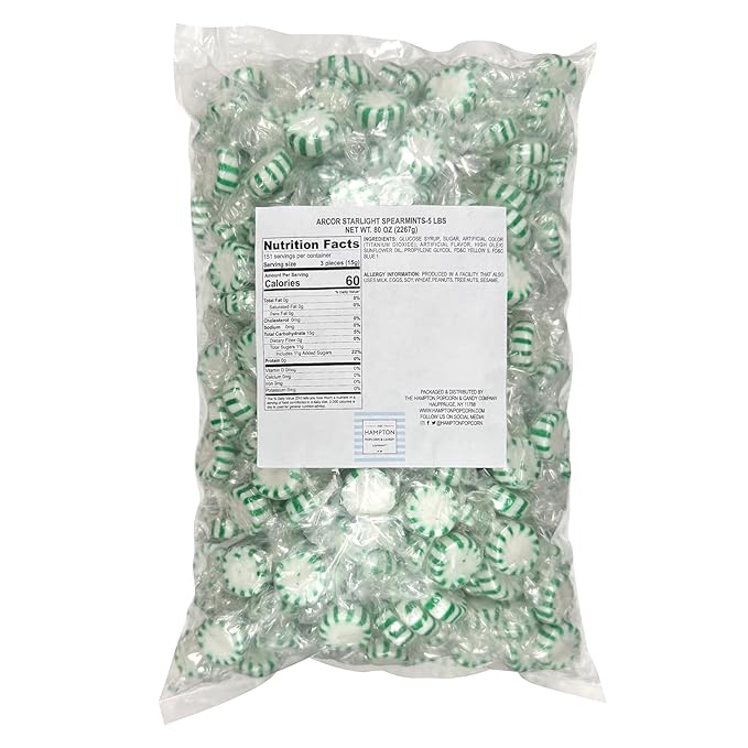 Arcor Starlight Spearmint Candy, 5 Pound Bulk Spearmint Hard Candy (Approx. 375 pcs.), Individually Wrapped Spearmints, Green Candy