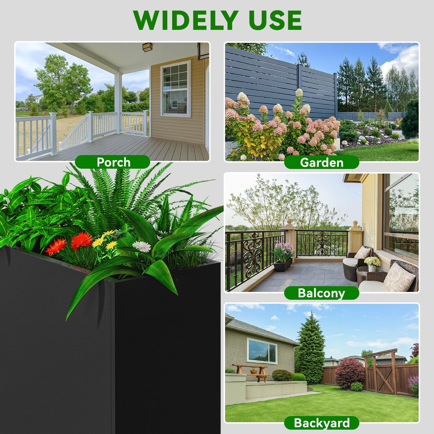NUWJBYE Tall Metal Planter Box, 38" L x 10" W x 30" H Large Outdoor Planters with Drainage & Adjustable Shelf, Heavy Duty Steel Rectangular Planter for Patio, Balcony, Indoor(Black)
