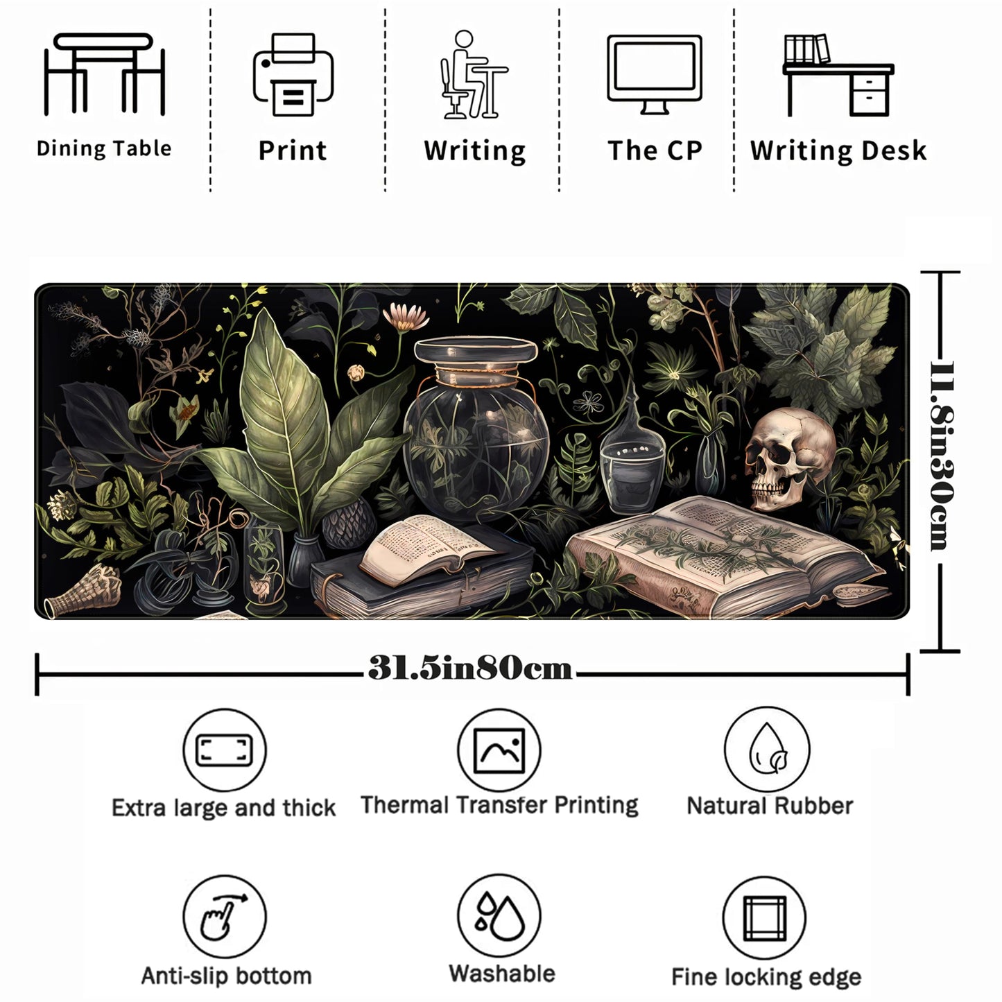 Dark Academia Desk Mat Mouse Pad XL Extended Large Gaming Desk Pad Mousepad, Mystical Green Plant Computer Laptop Keyboard and Mouse Mat, Desktop Protector Mat for Women Girl Office 31.5x11.8 in