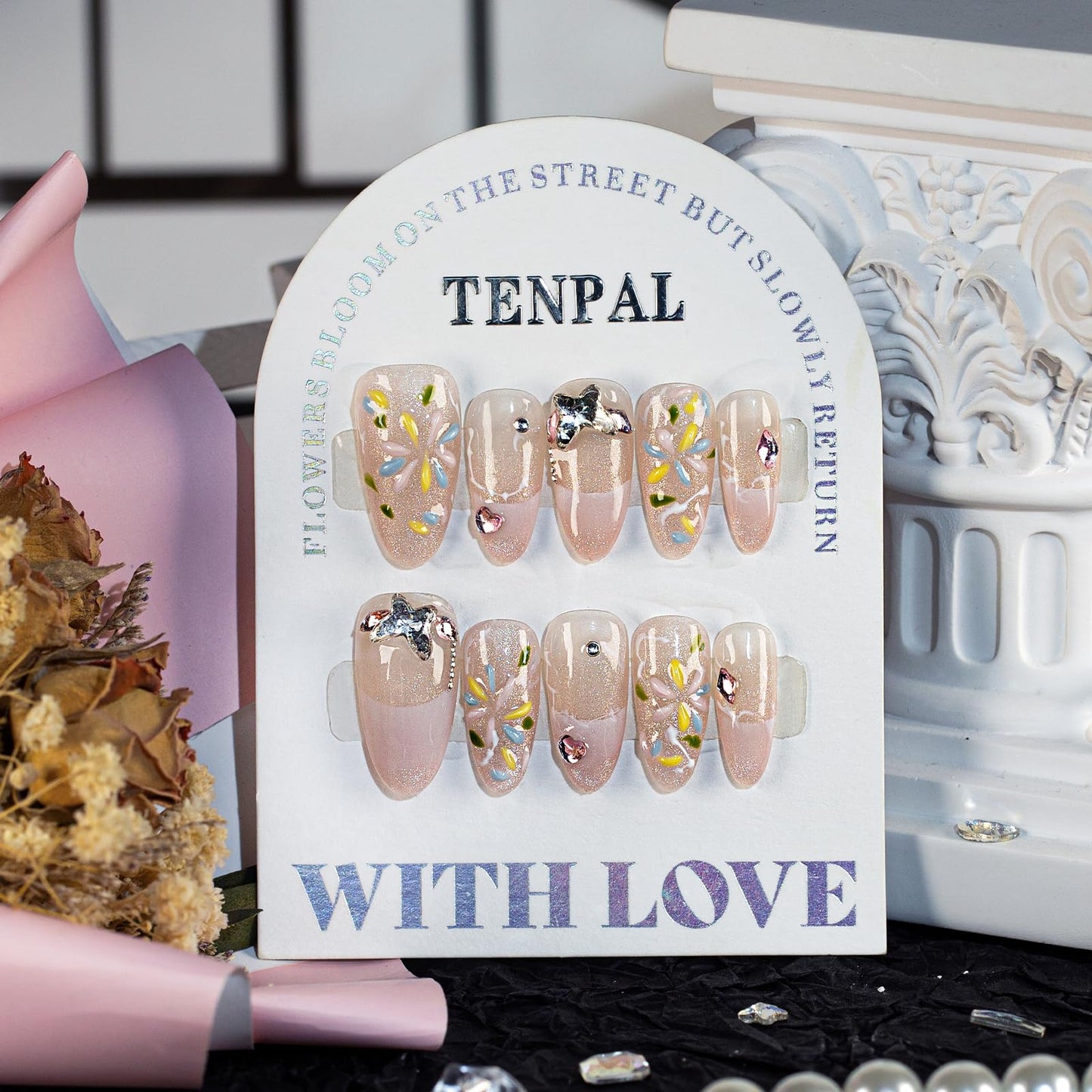 TENPAL French Tip Press on Nails Short Almond Gradient Pink Nails Press Ons with Fireworks Flower Butterfly Chain Designs Cat Eye Nails Press ons Glossy Artificial Glue on Fake Nails Short(S)