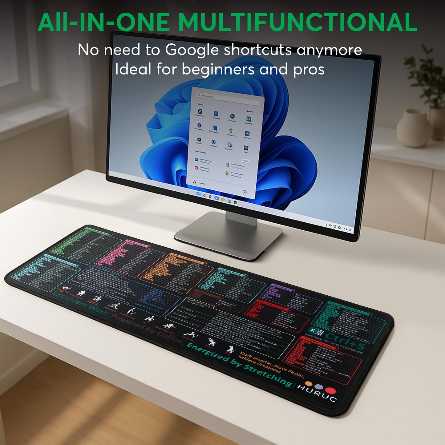 HURUC Excel Cheat Sheet Desk Pad – XL Excel Mouse Pad with Shortcut Keys & Formulas | 31.5"x11.8" Waterproof Non-Slip Desk Mat, HD Print, Stitched Edges for Work & Gaming