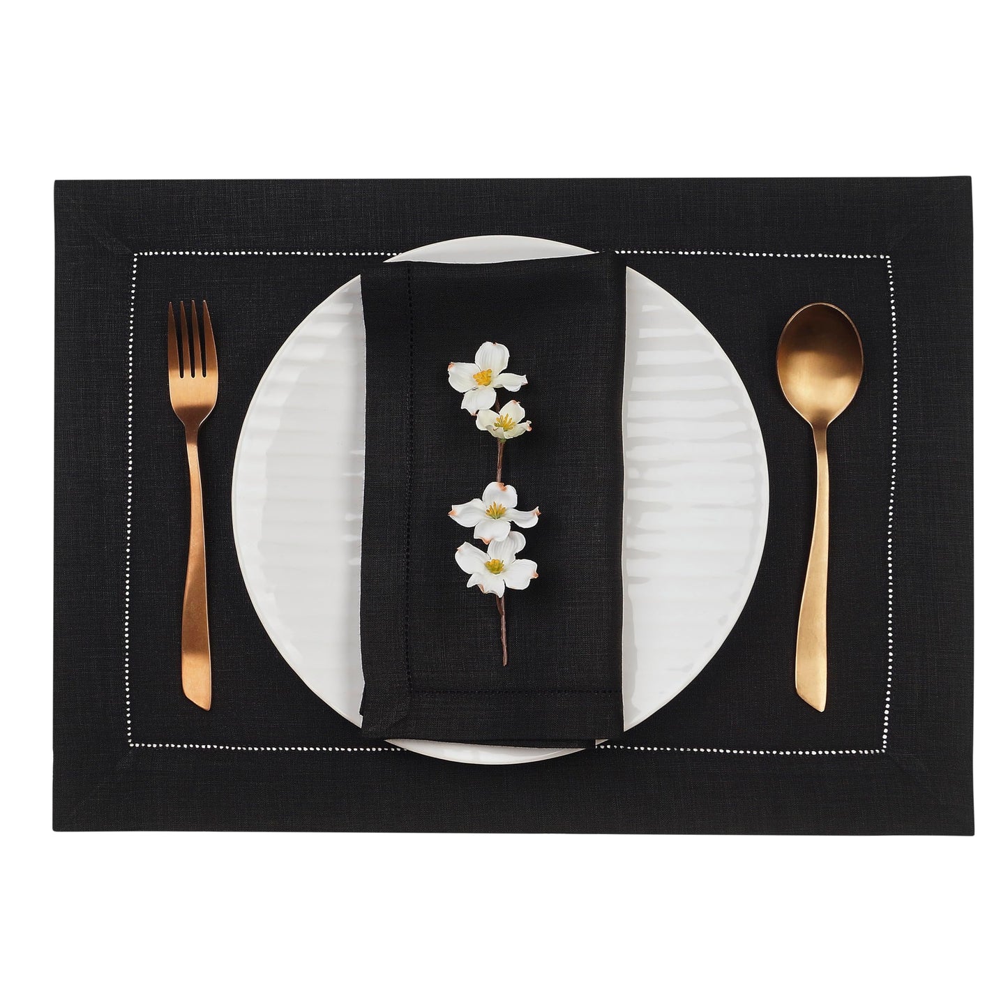 D’Moksha Homes Value Pack - Black Linen Table Runner and Placemats Set: 1 Linen Table Runner (14 x 36 Inch) and 4 Linen Placemats (14 x 19 inch); 5 pcs in Total; 100% Pure European Linen
